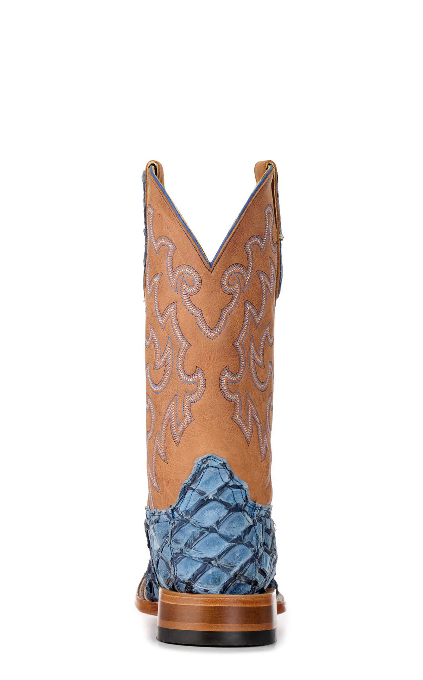 Cavender’s Men’s Blue Pirarucu and Brass Wide Square Toe Exotic Cowboy Boots - Image 1