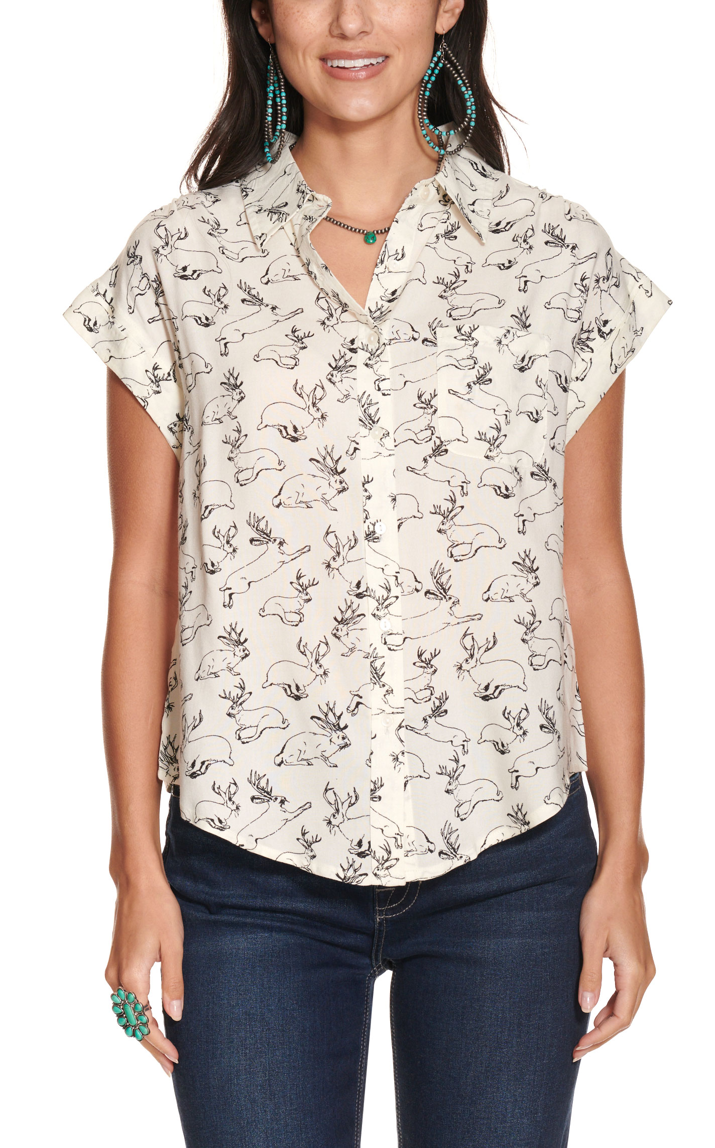 Cotton & Rye Women's White with Jackalope Print Short Sleeve Top - Image 1
