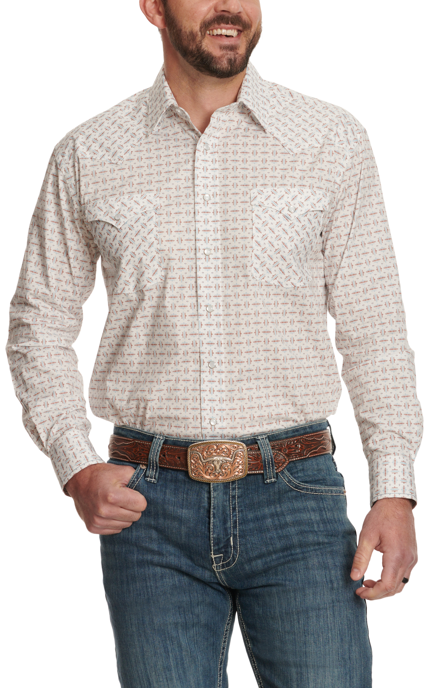 Panhandle Men's Rough Stock Cream Rust & Turquoise Aztec Western Shirt - Image 1