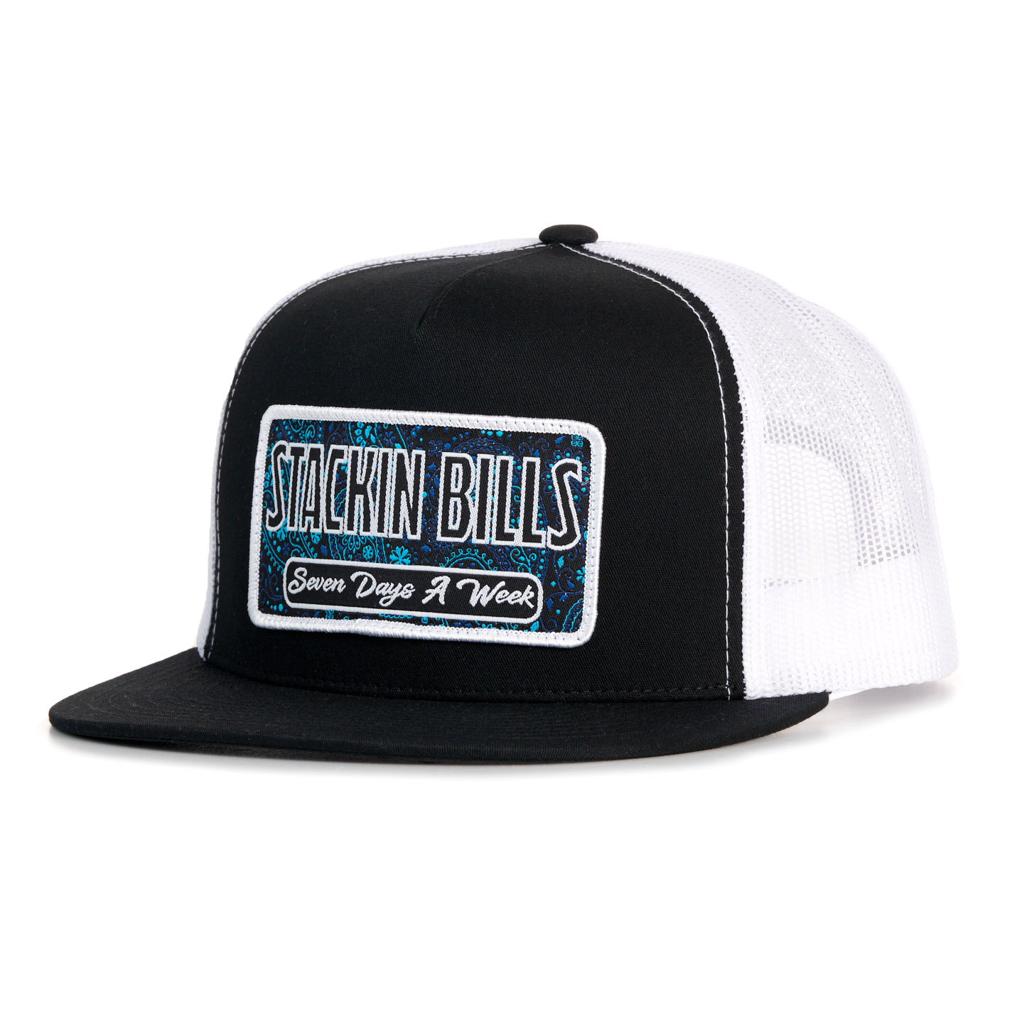 Stackin Bills Paisley Black & White 5 Panel Flat Bill Cap - Image 1