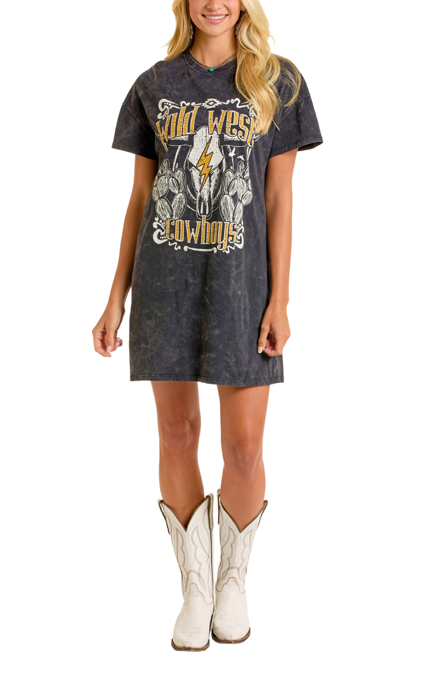 Rock & Roll Denim Women's Gray Wild West Cowboys Graphic T-Shirt Dress - Image 4