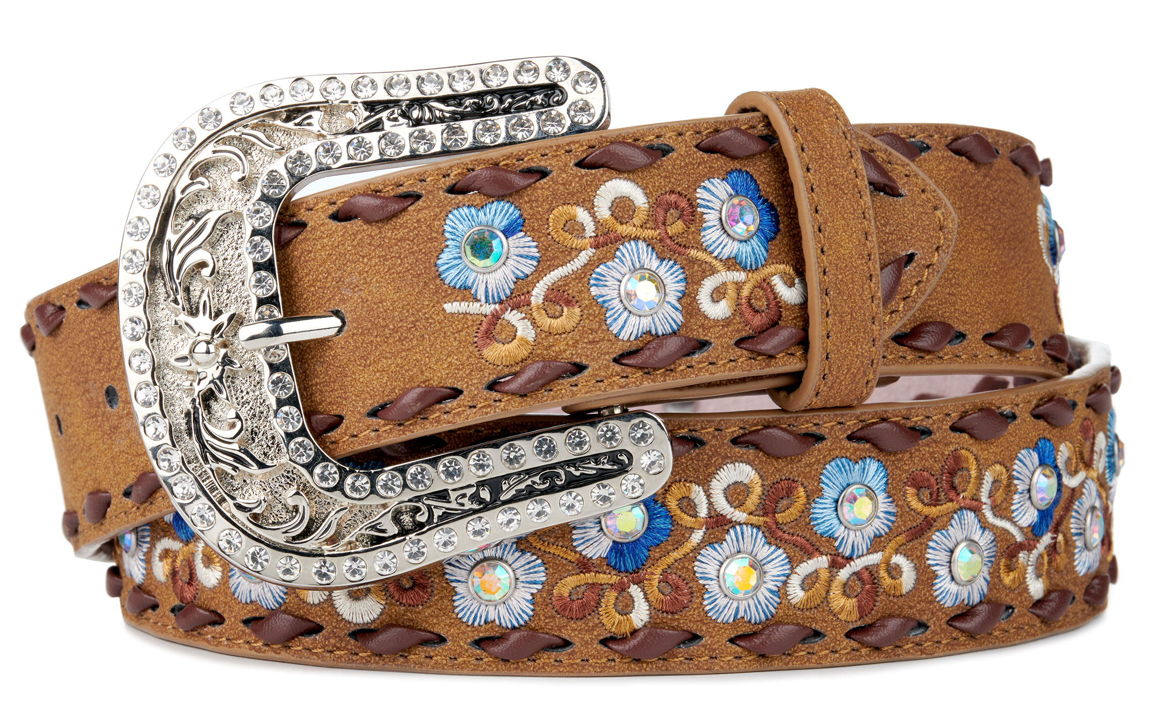 Angel Ranch Coffee Leather & Embroidered Blue Flowers & Bling Western Belt - Image 1
