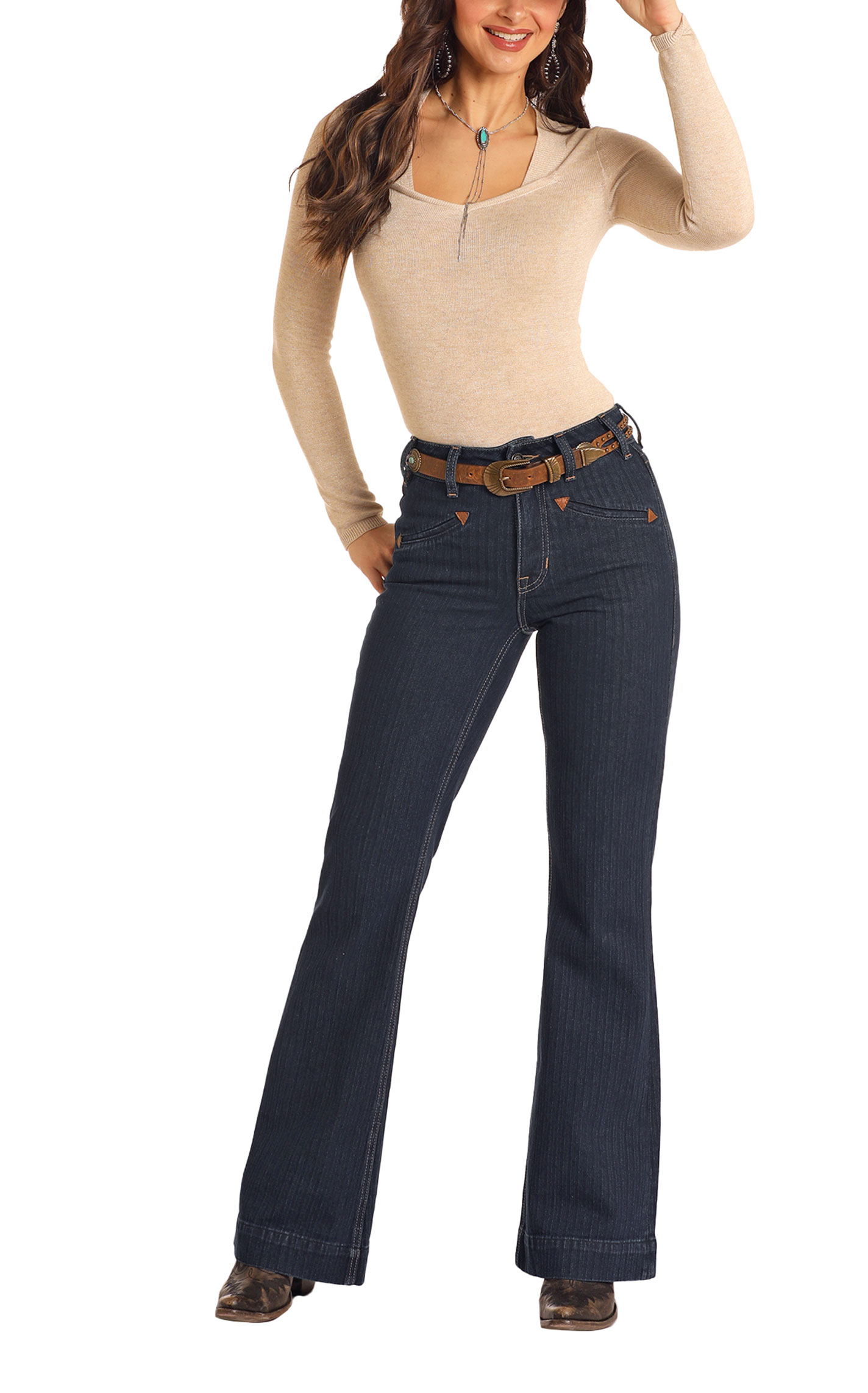 Rock & Roll Denim Women's Dark Wash Curved Arrow Pocket Trouser Leg Jeans - Image 1