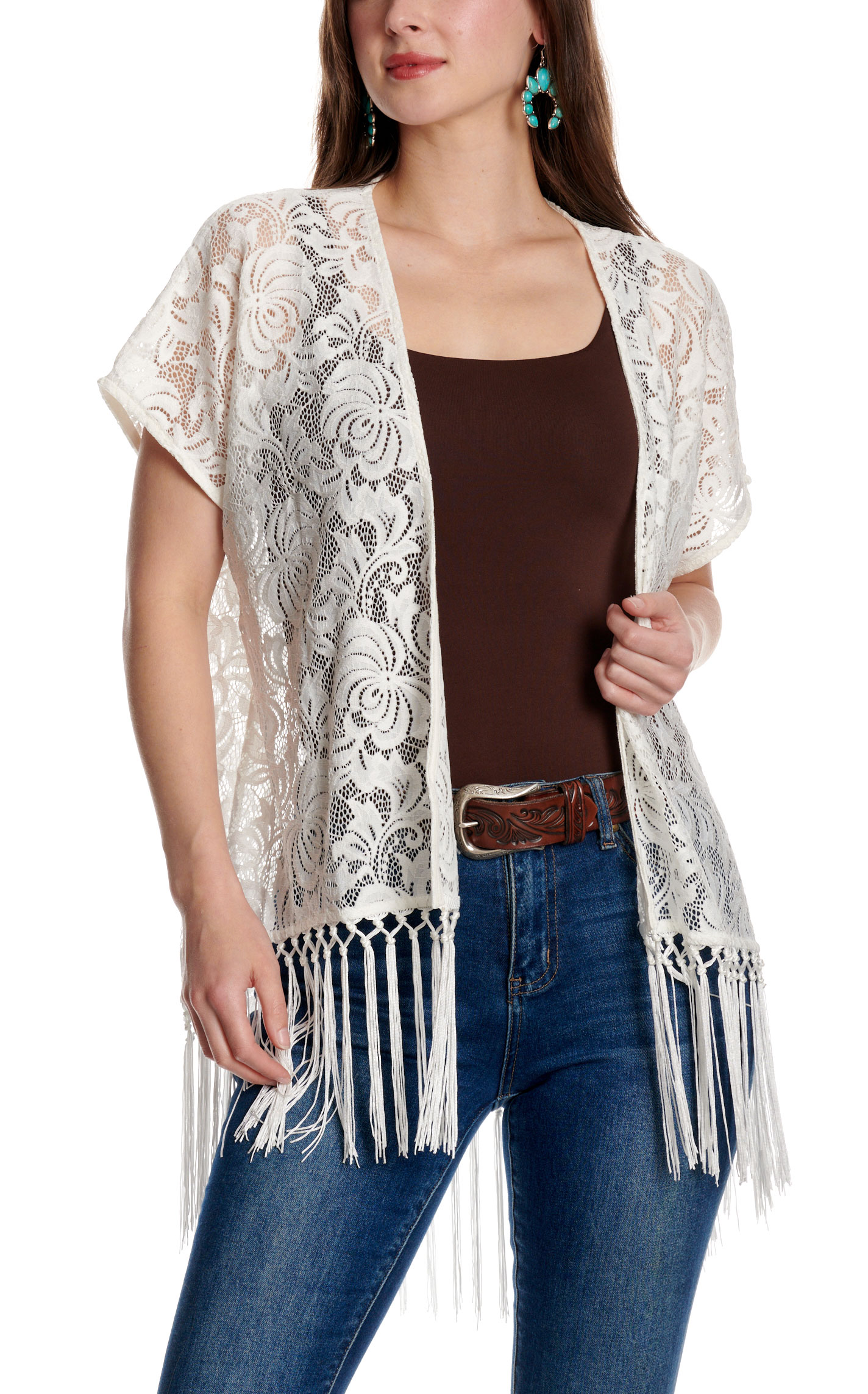 Magnolia Lane Women's Ivory Fringed Lace Cardigan - Image 1