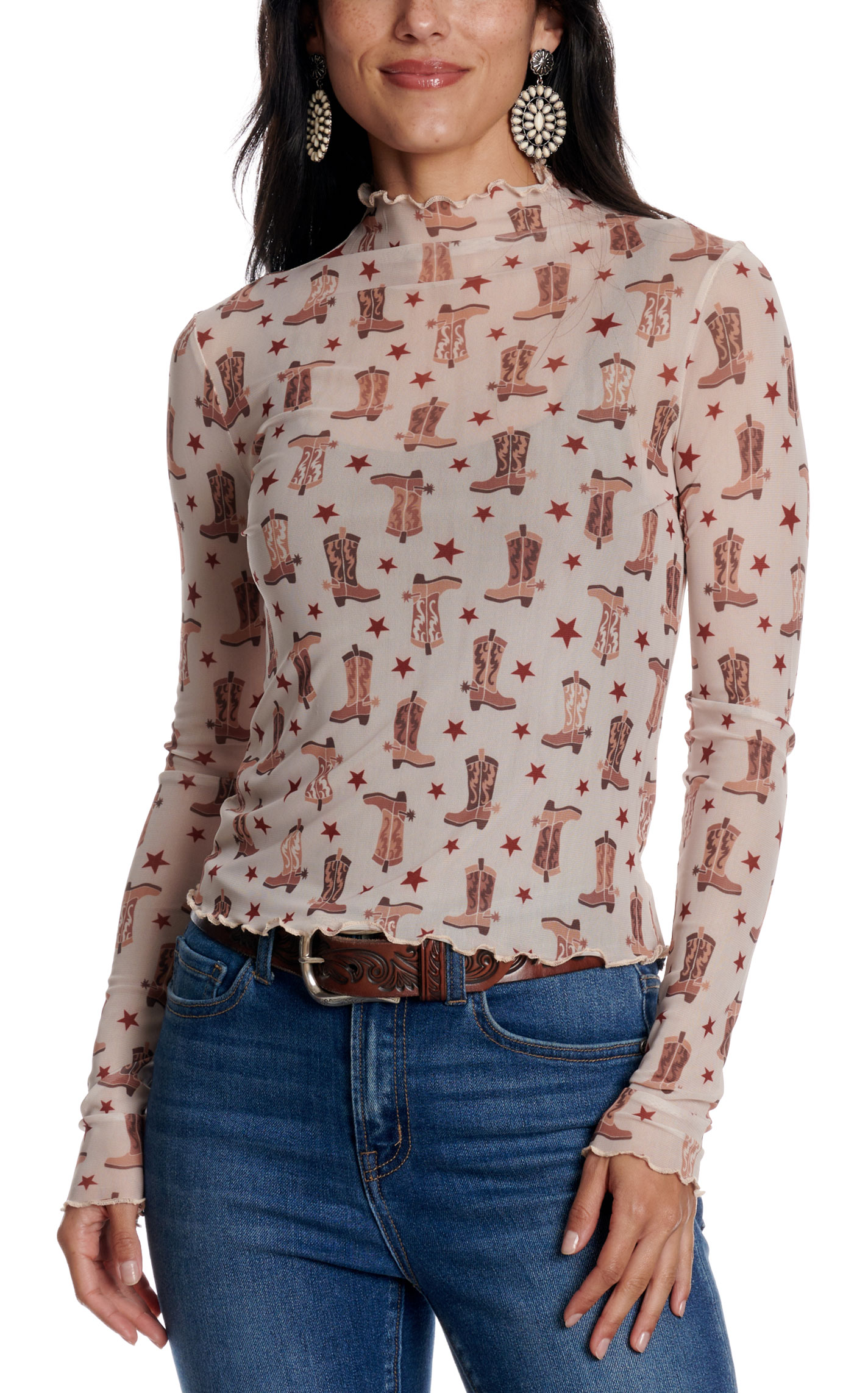 Blue B Women's Soft Nude Boot Print Mesh Top - Image 1