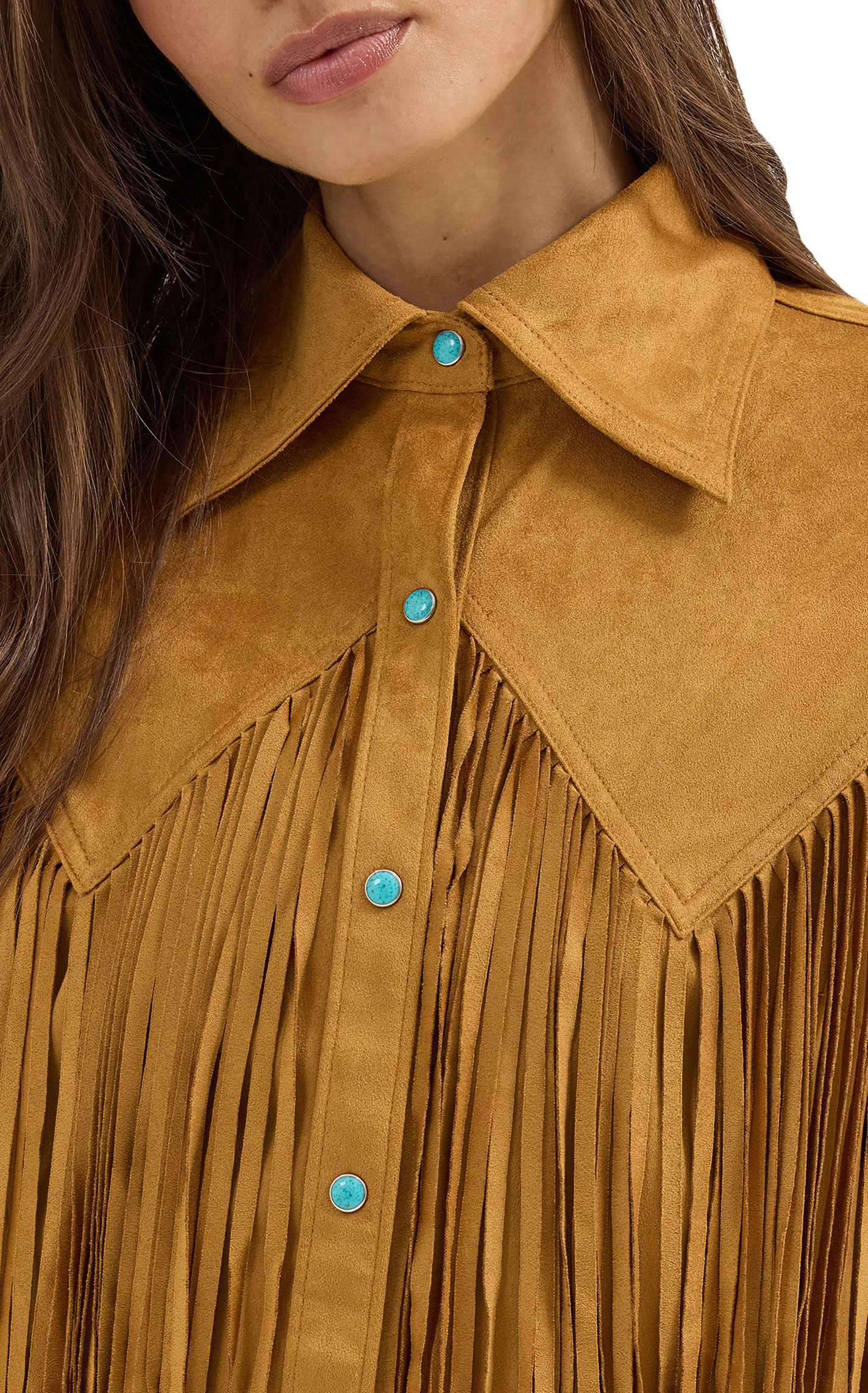 Wrangler & Lainey Wilson Women's Caramel Faux Suede Fringed Top - Image 1