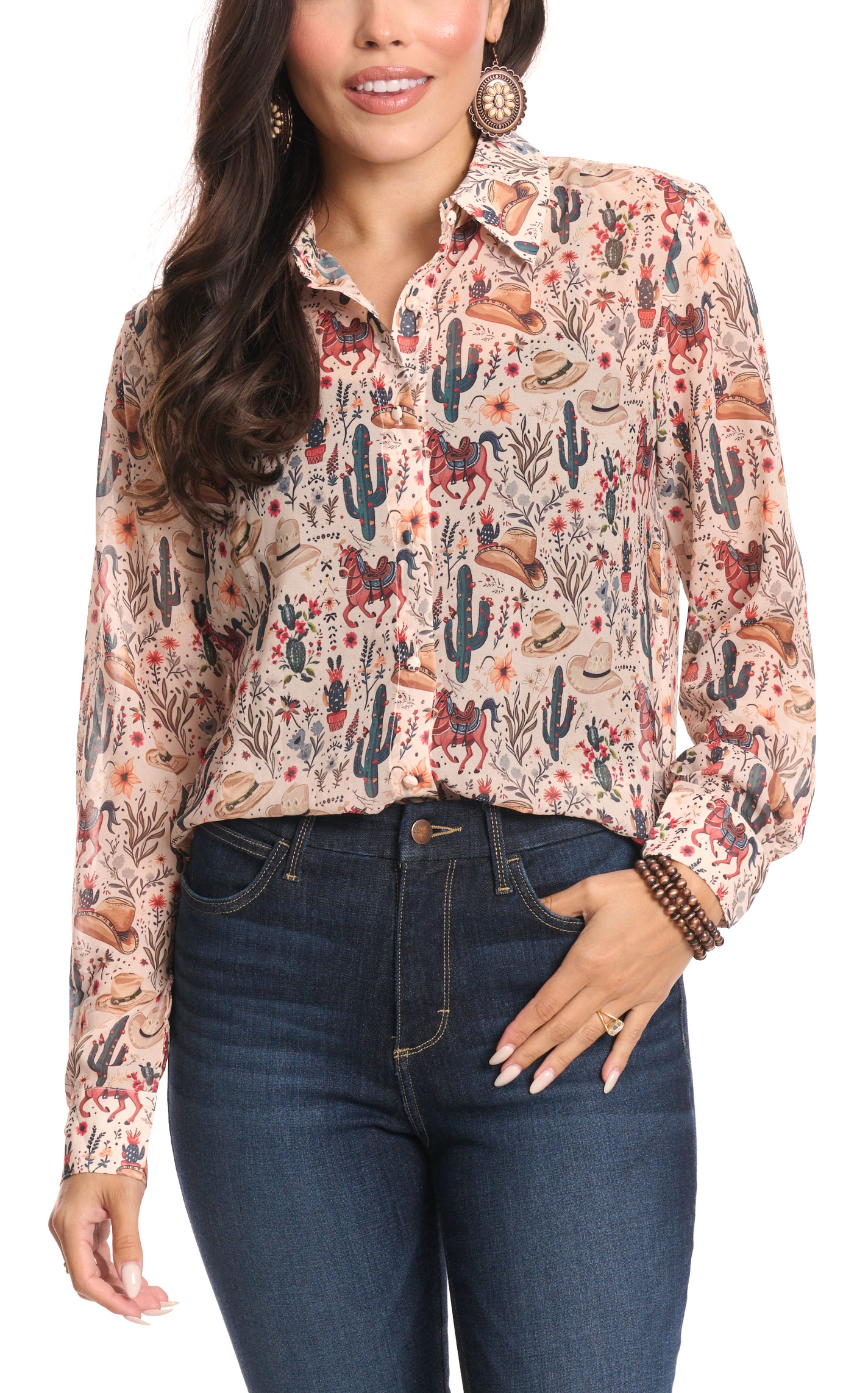 Blue B Women's Creamy Latte & Western Print Sheer Top - Image 3