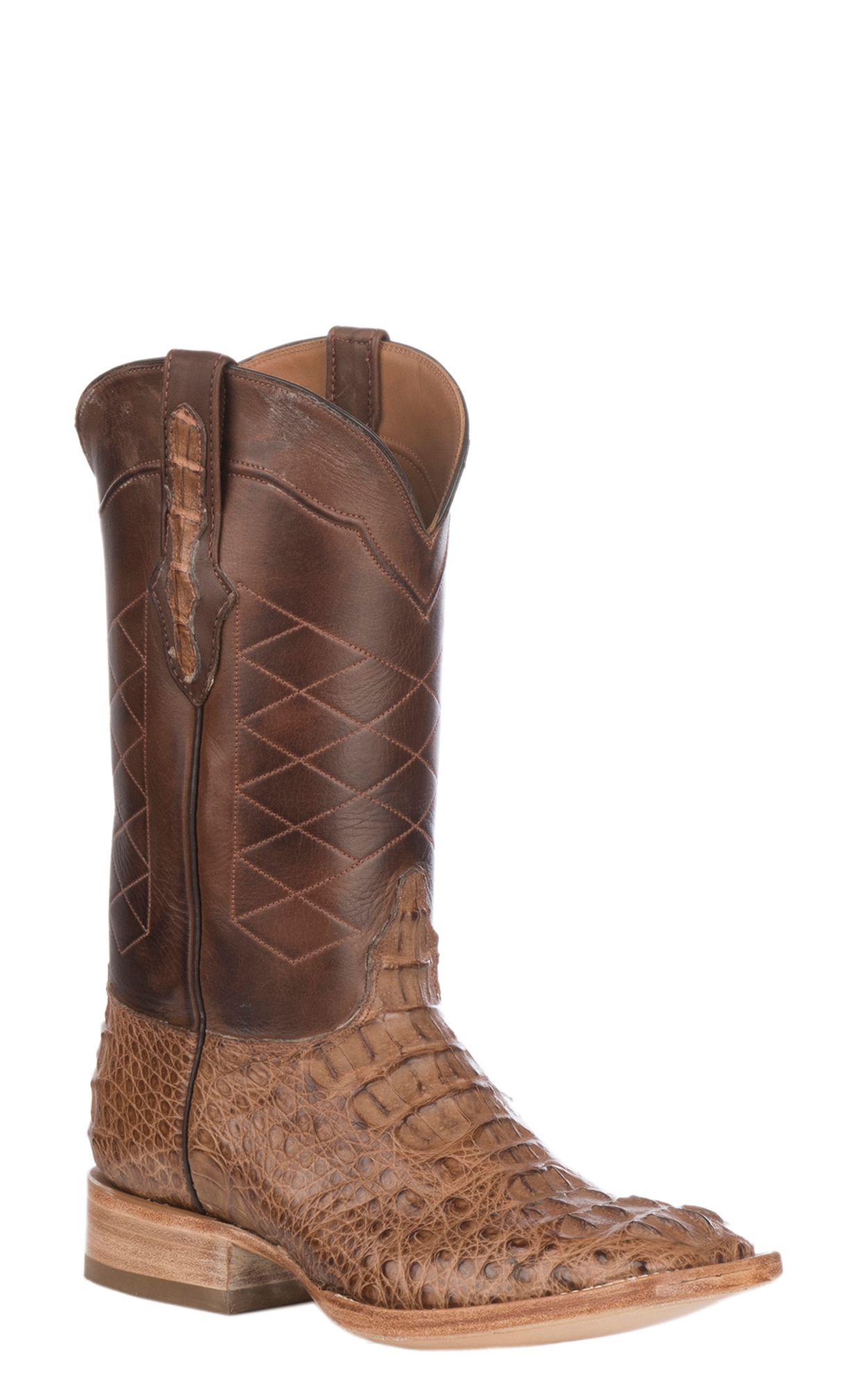 Black Jack Men's Burnished Brown Caiman Hornback and Brown Wide Square Toe Exotic Cowboy Boots - Image 1