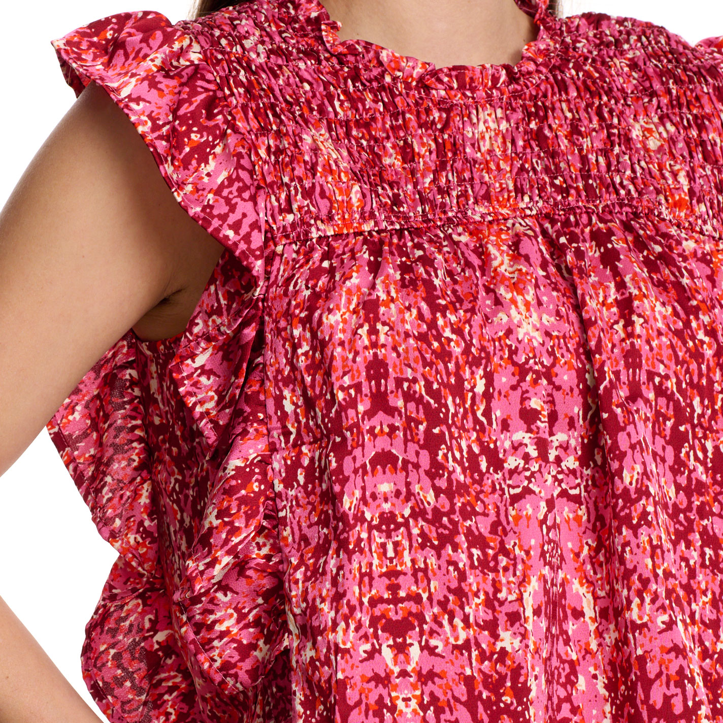 TCEC Women's Red & Hot Pink Print Ruffle Top - Image 1