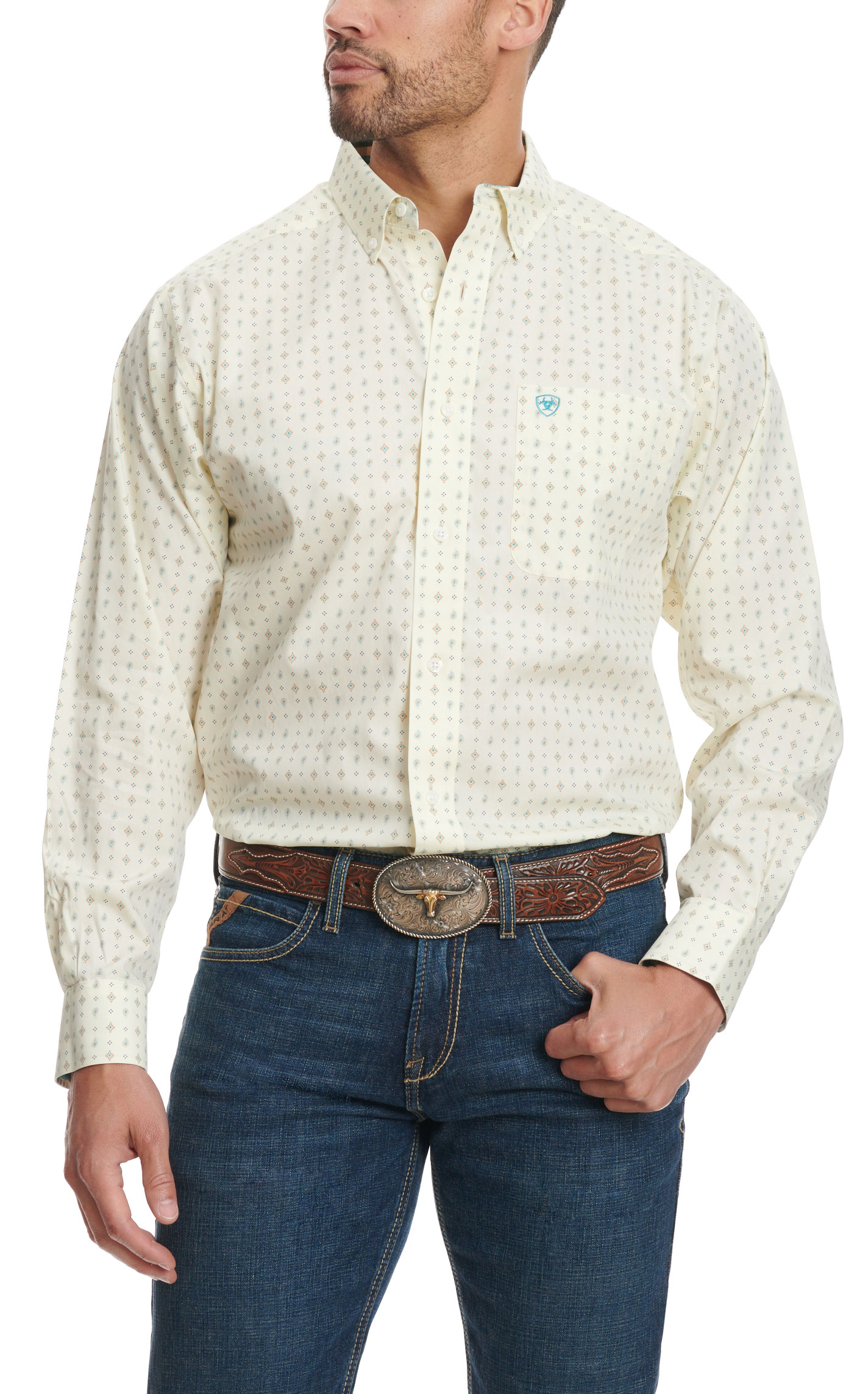 Ariat Men's Richie Pale Yellow & Turquoise Mini Paisley Western Shirt - Image 1