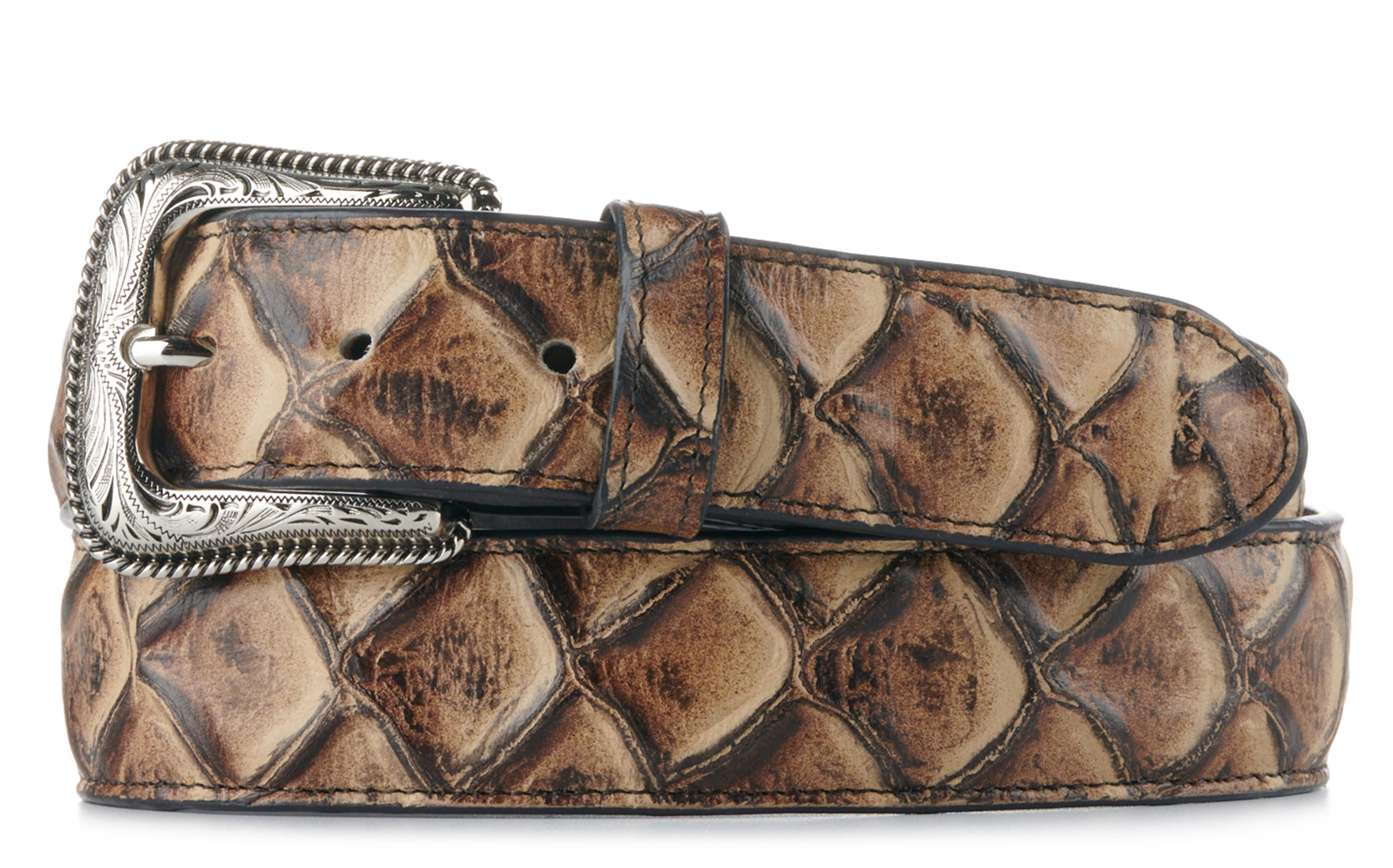 Cavender's Men's Matte Toasted Marshmallow Brown Pirarucu Fish Exotic Western Belt - Image 1