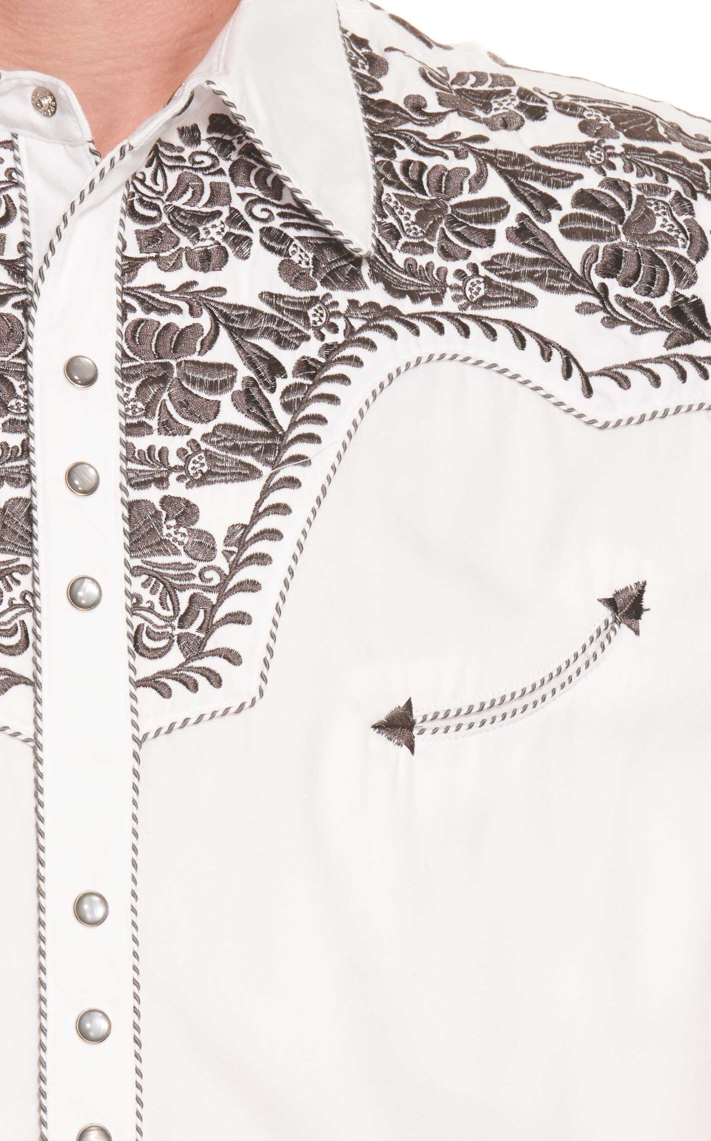 Scully Men's Legends Gunfighter White With Pewter Floral Embroidery Long Sleeve Western Shirt - Image 1