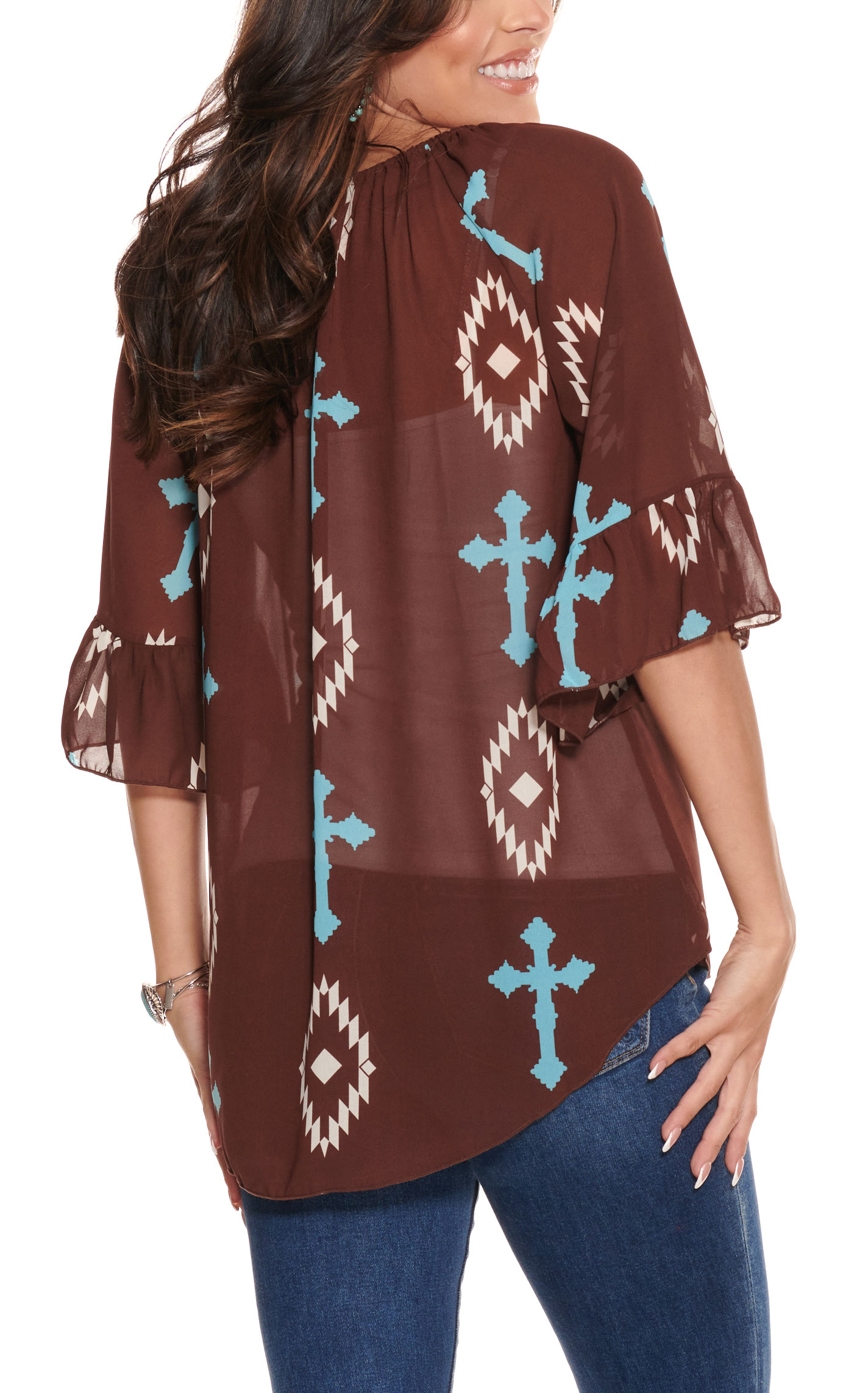 Cowgirl Hardware Women's Chocolate with Blue and White Cross Print 3/4 Bell Sleeve Chiffon Shirt - Image 1
