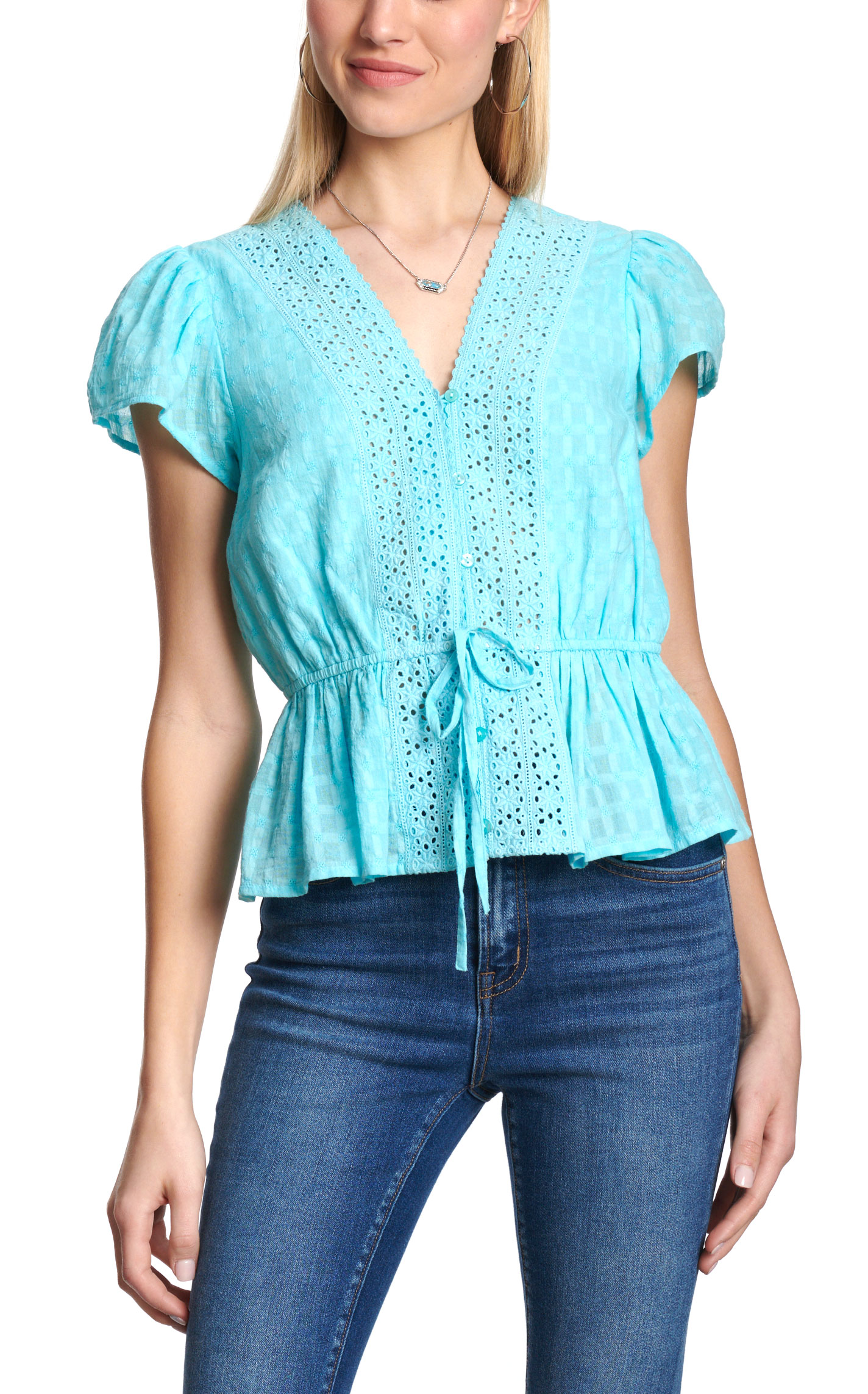 Rockin C Women's Turquoise Eyelet Accent Top - Image 1