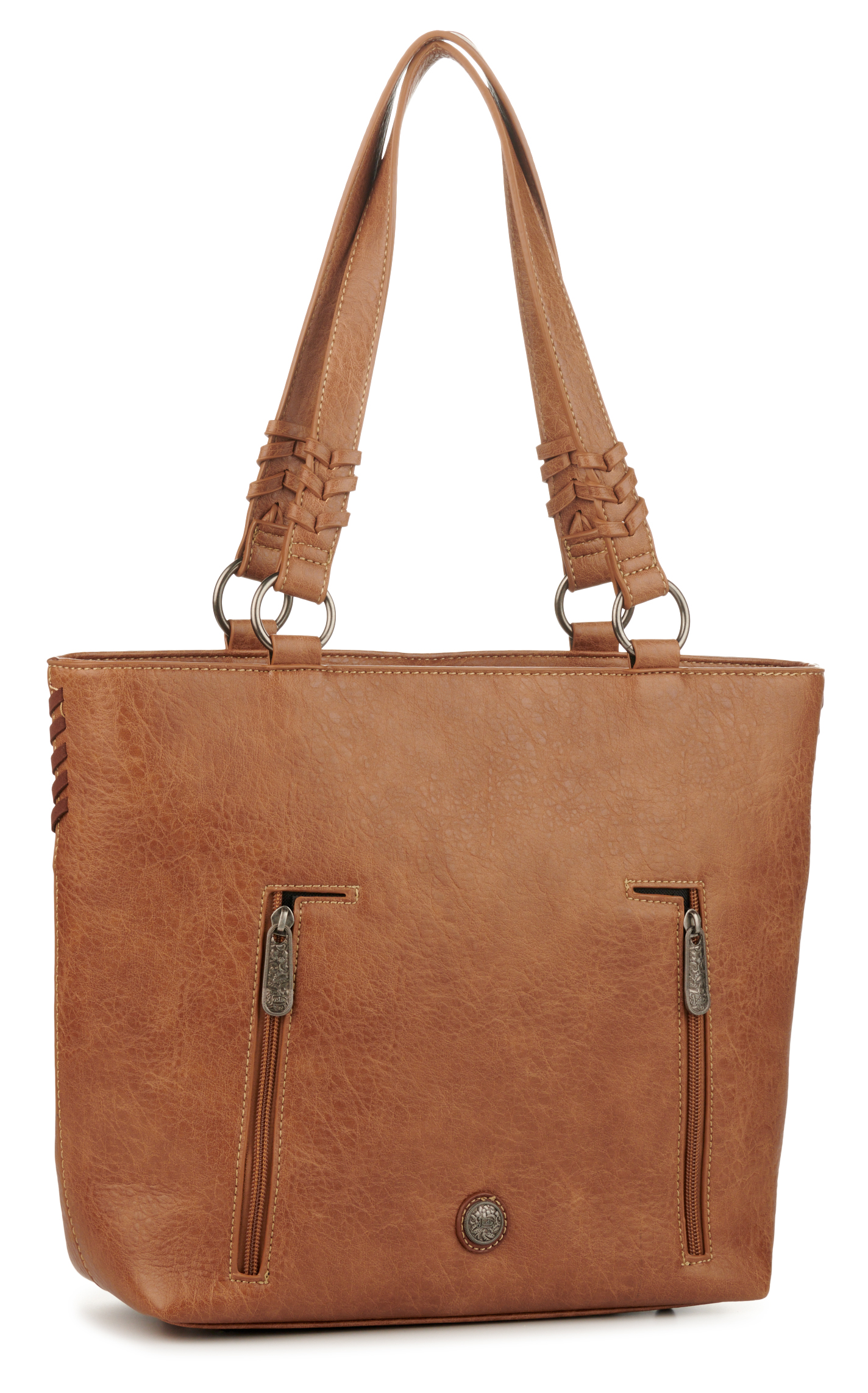 Justin Pecan & Caramel Genuine Leather Chevron Stitch Etched Square Concho Tote Bag - Image 1