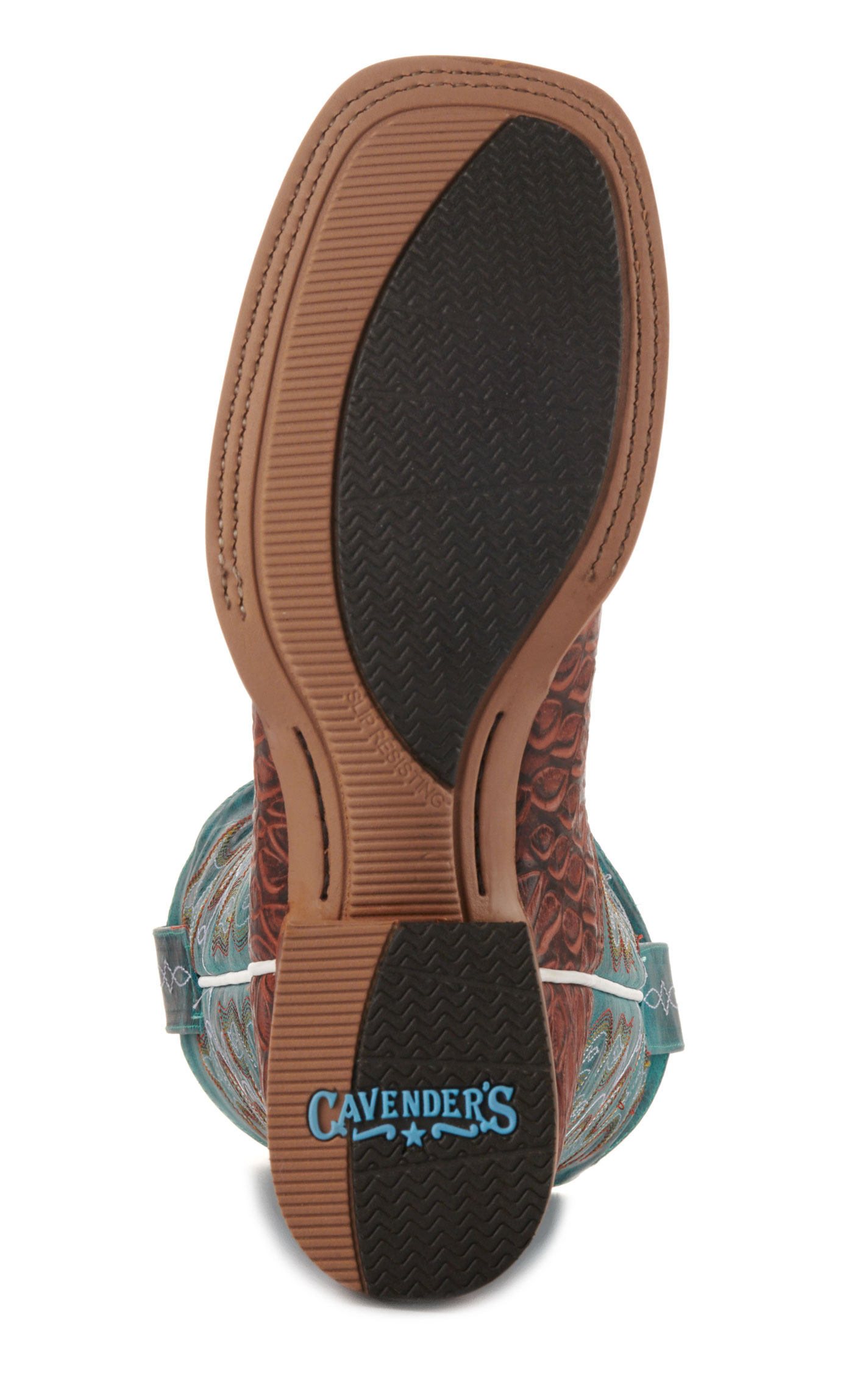 Cavender's Women's Intrepid Turquoise and Brown Baby Pirarucu Print Wide Square Toe Cowboy Boots - Image 1
