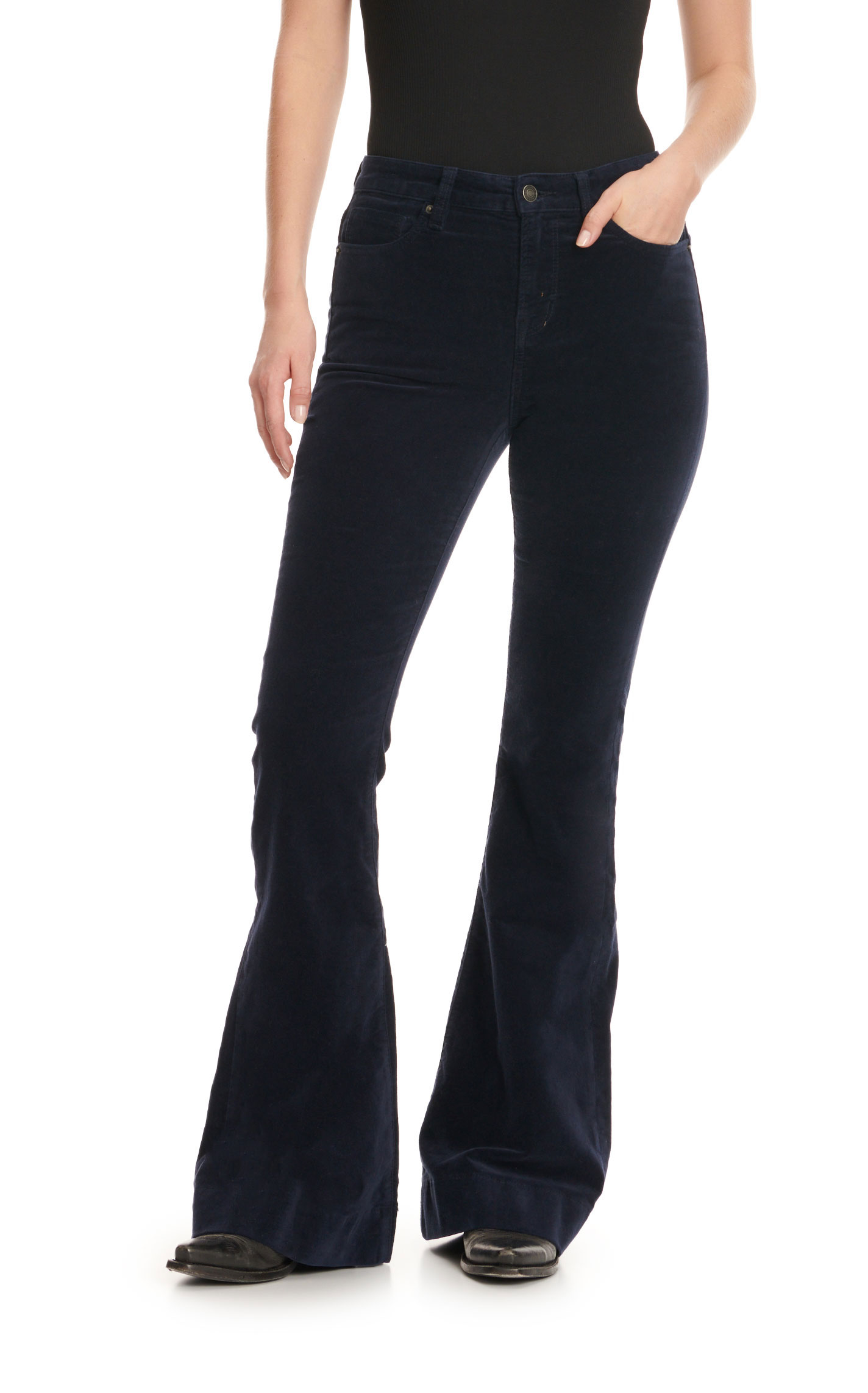 Mica Women's Navy Blue High Rise Velvet Flare Leg Jeans - Image 1