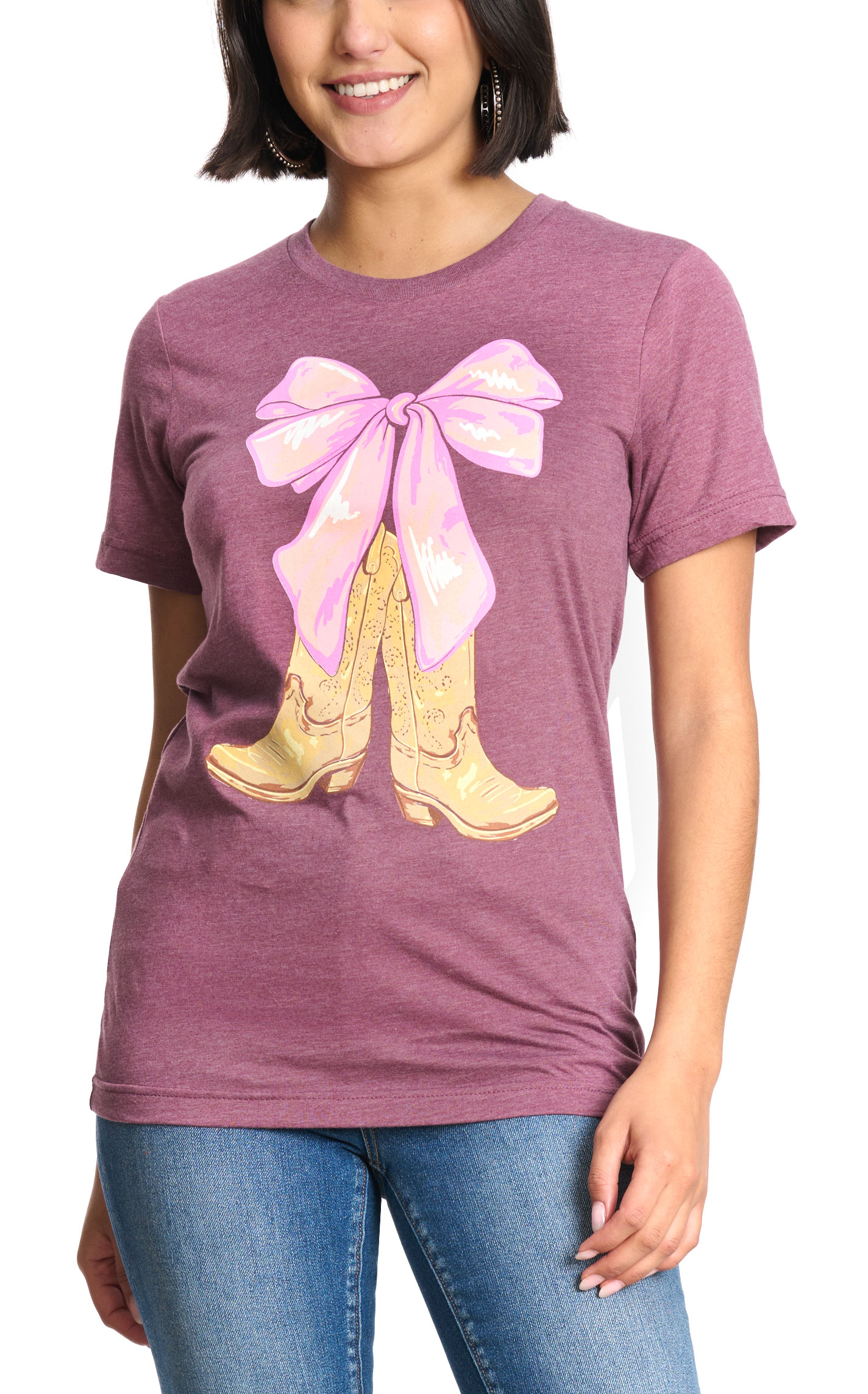 Lulu Mac Women's Burgundy Boots & Bows Graphic T-Shirt - Image 1