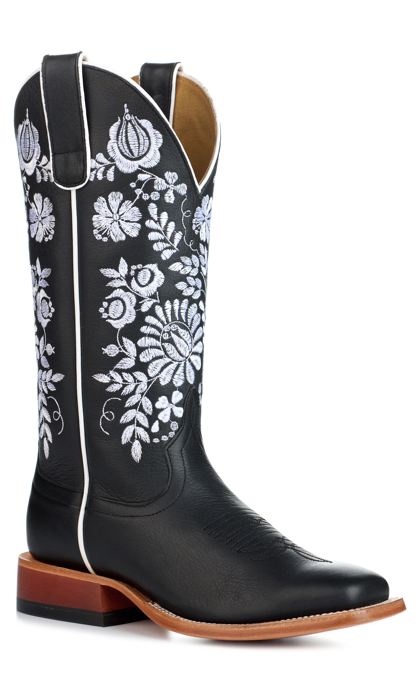 Anderson Bean Women's Macie Bean Black with Floral Embroidery Wide Square Toe Cowboy Boots - Image 1