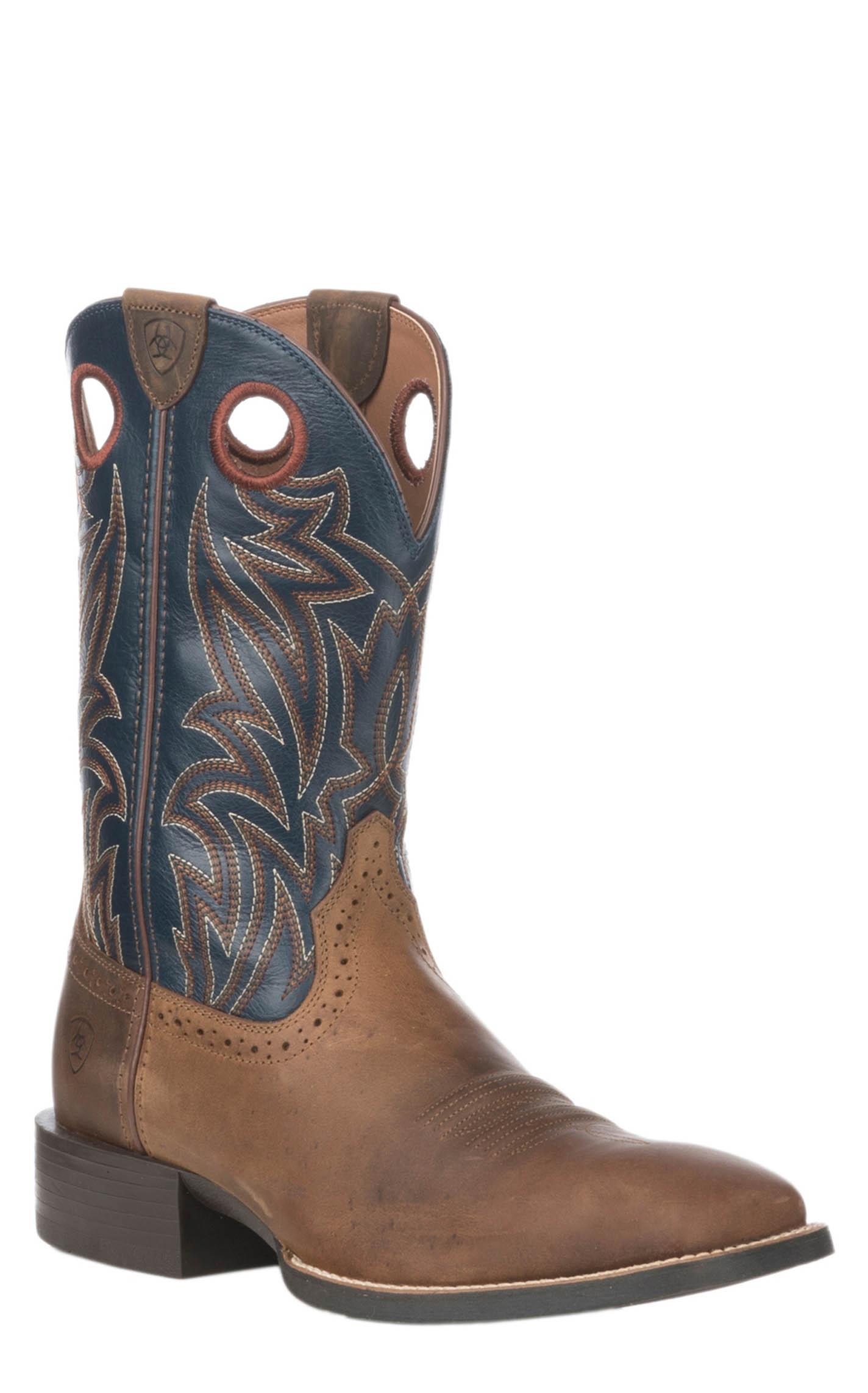 Ariat Men's Sport Sidebet Distressed Brown & Blue Wide Square Toe Cowboy Boots - Image 1