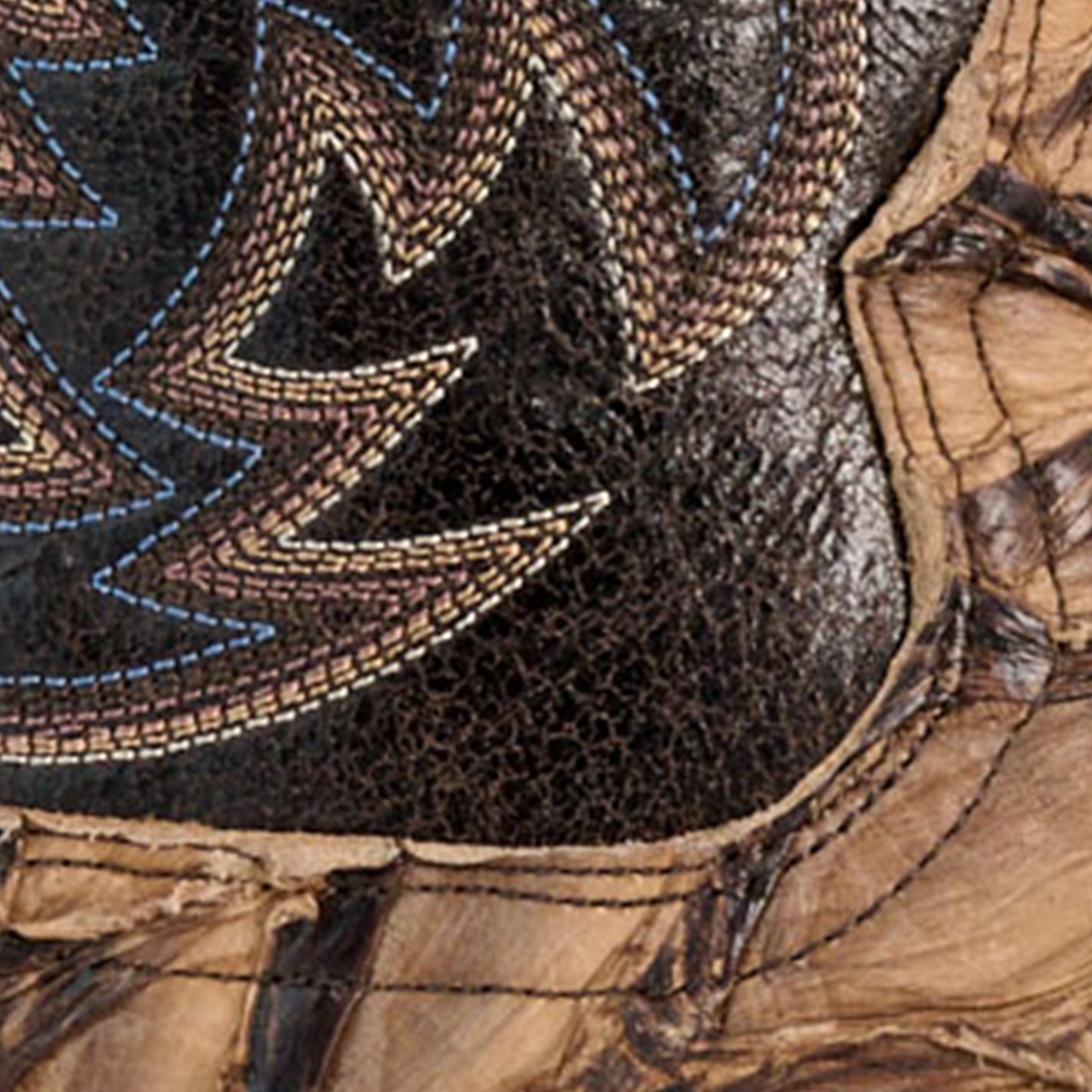 Cavender’s Men’s Chocolate and Coffee Pirarucu and Leather Wide Square Toe Exotic Cowboy Boots - Image 1