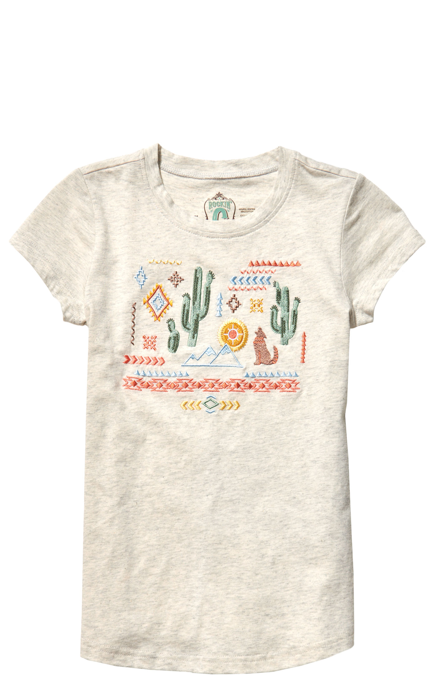 Rockin C Girl's Light Gray & Colorful Embroidery Aztec Desert Short Sleeve T-Shirt - Image 1