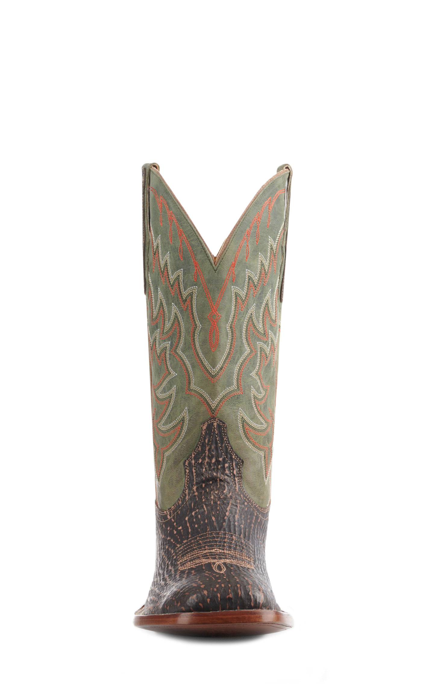 Cavender’s Men’s Rustic Brown Shark and Green Goat Wide Square Toe Cowboy Boots - Image 1