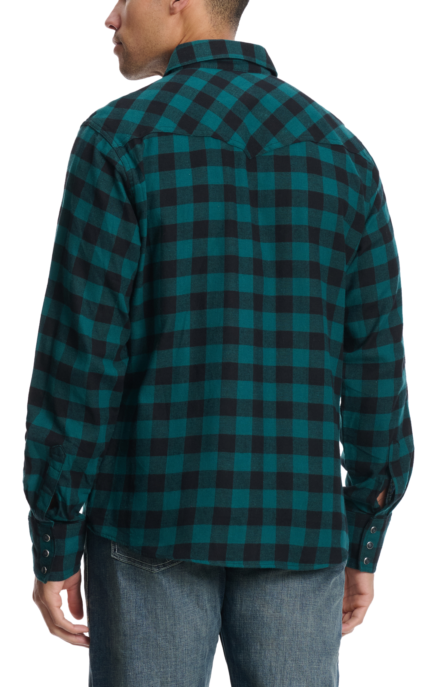 Wrangler Retro Men's Teal & Black Plaid Flannel Western Shirt - Image 1