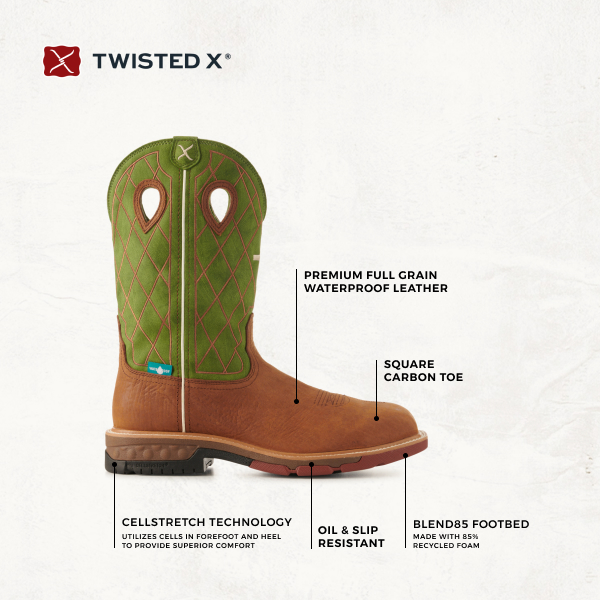 Twisted X Men's Latte and Green with Cross CellStretch Wide Composite Square Toe Work Boots - Image 1