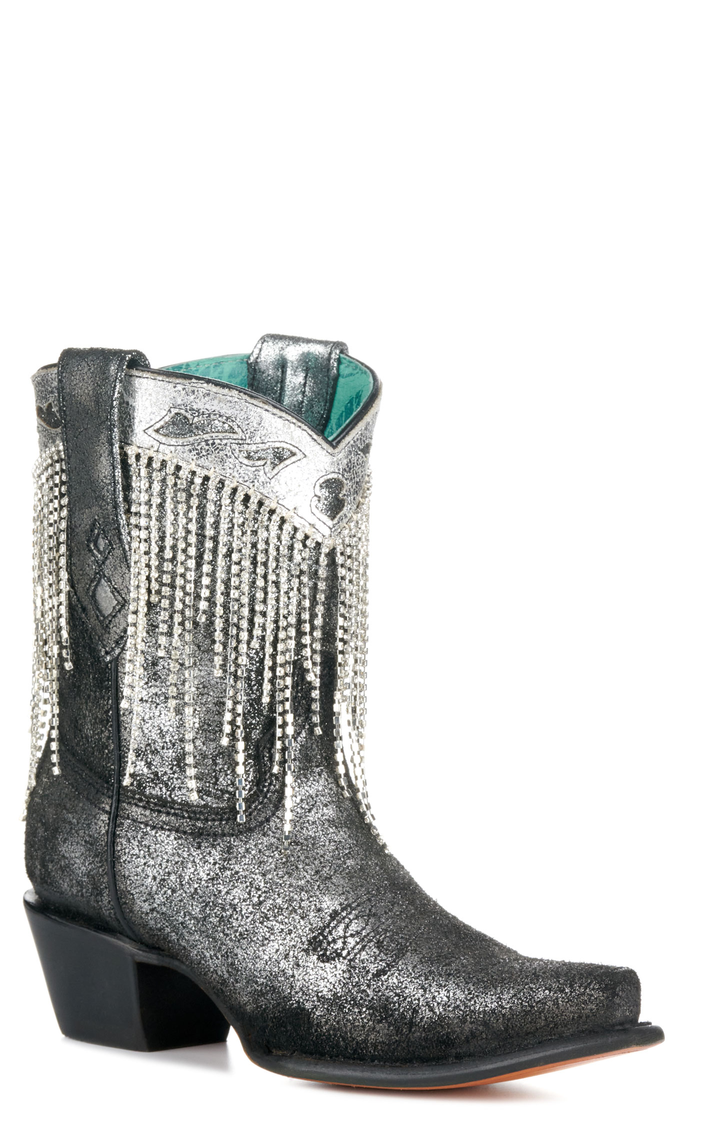 Corral Women's Distressed Metallic Black with Crystal Fringe Snip Toe Cowboy Booties - Image 1