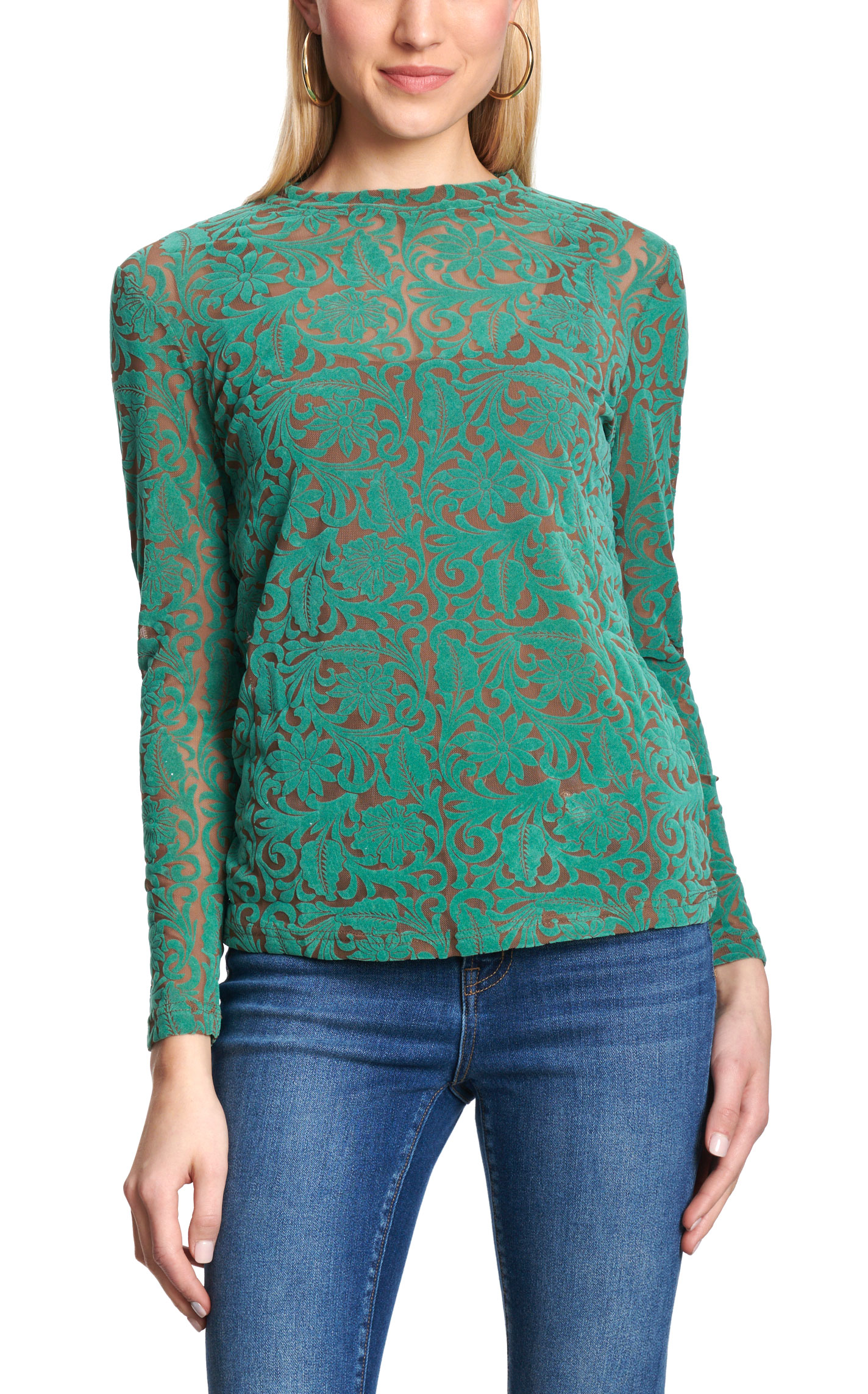 Marigold Kiss Women's Green Tooled Leather Print Mesh Top - Image 1