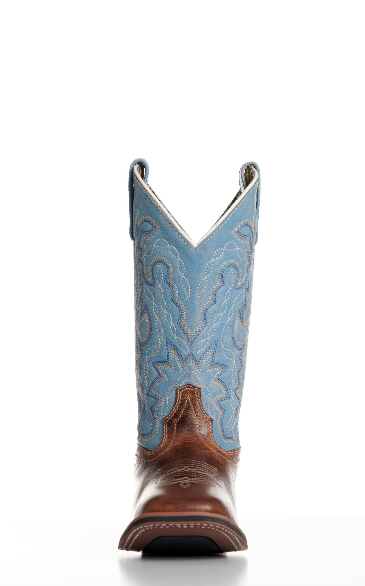 Laredo Women’s Darla Distressed Brown and Sky Blue Wide Square Toe Cowboy Boots - Image 1