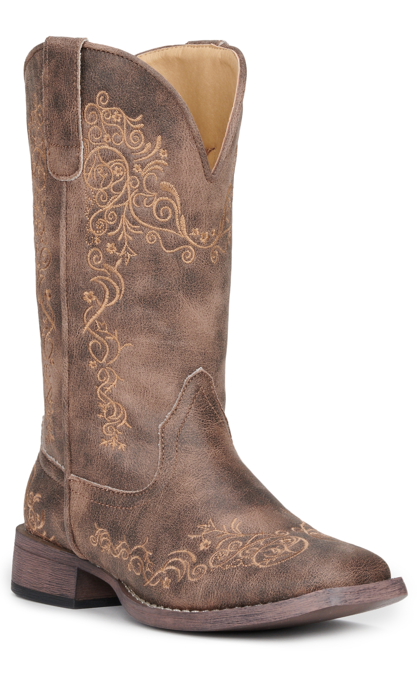 Roper Women's Brown Bomber with Scroll Embroidery Wide Square Toe Cowboy Boots - Image 1