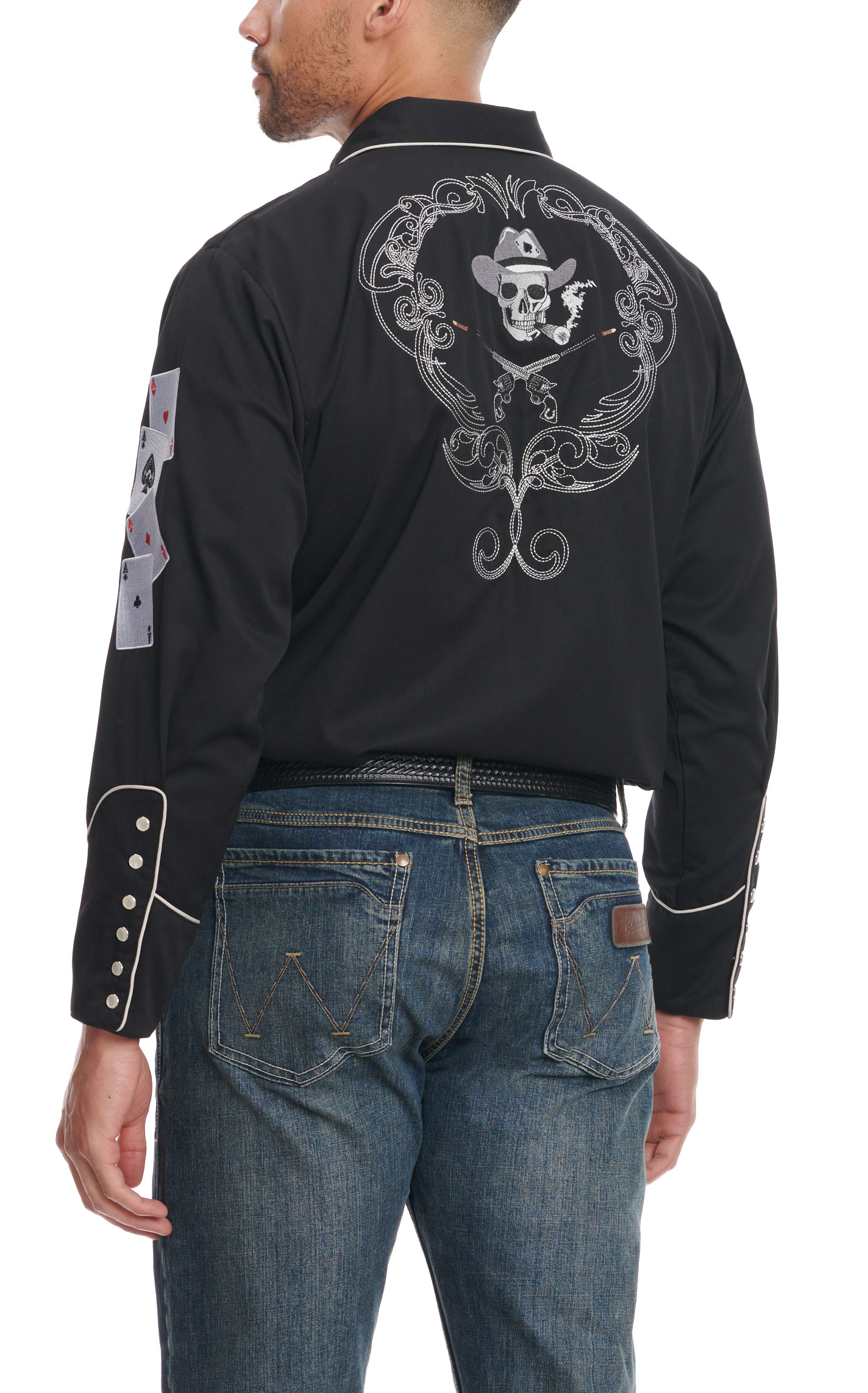 Scully Men's Black Old School Skulls Guns & Cards Embroidery Long Sleeve Western Shirt - Image 1