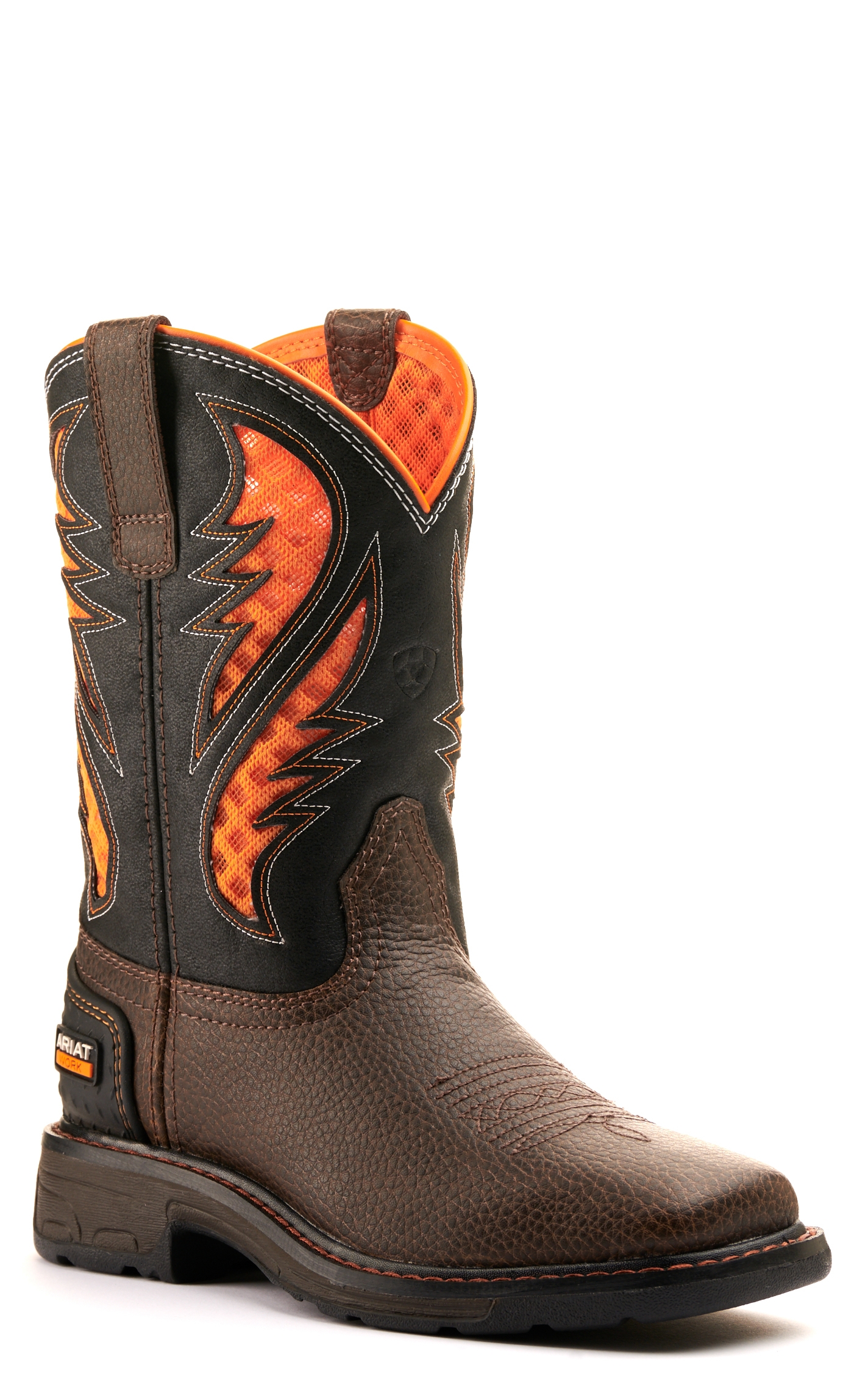 Ariat Youth VentTEK Cocoa Brown and Black with Orange Vents Wide Square Toe Work Boots - Image 1
