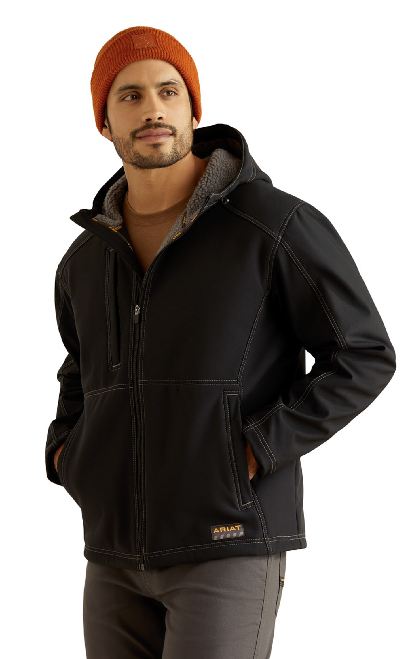 Ariat Men's Rebar Black Stretch Canvas Sherpa Lined Softshell Jacket - Image 1