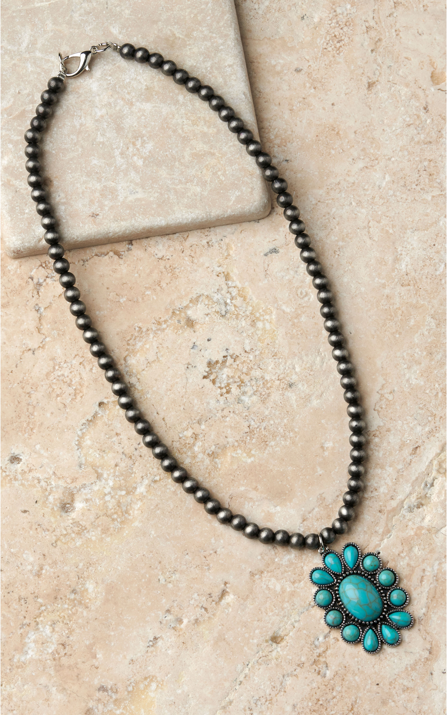 Rockin' C Women's Silver Navajo Pearls with Turquoise Concho Pendant Necklace - Image 1