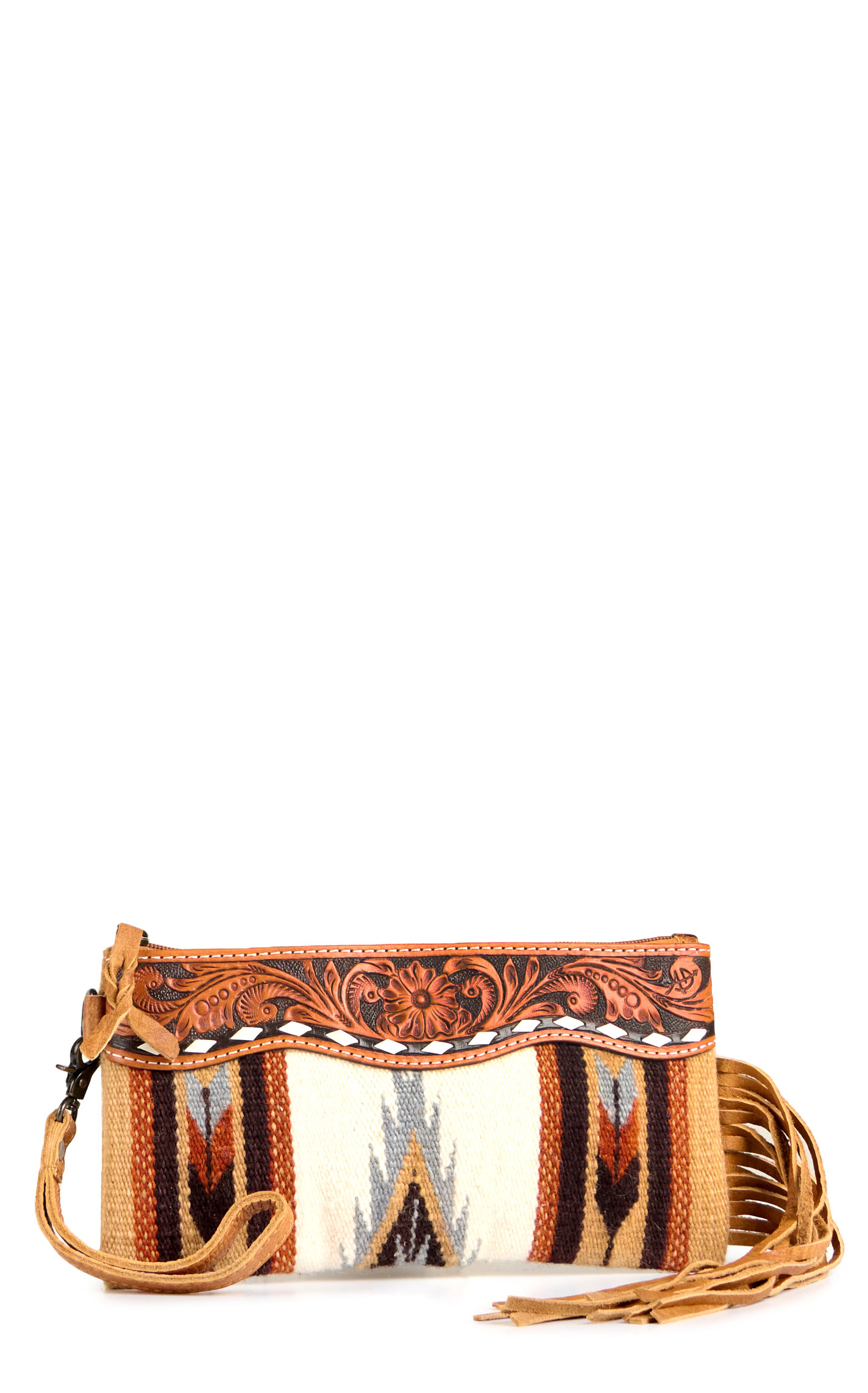 American Darling Colorful Fringed Aztec Blanket & Tooled Wristlet Bag - Image 1