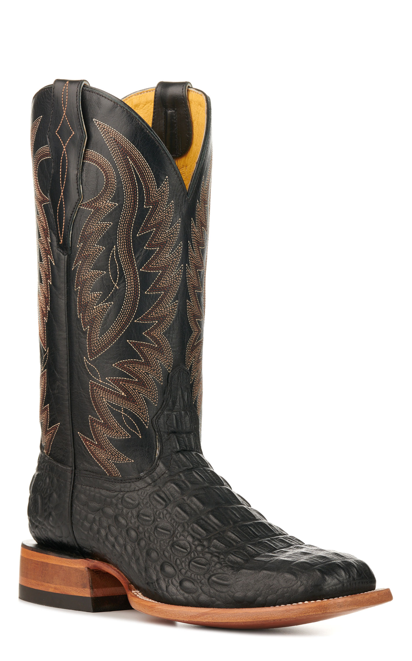 Cavender's Men's Black and Black Caiman Print Wide Square Toe Cowboy Boots - Image 1