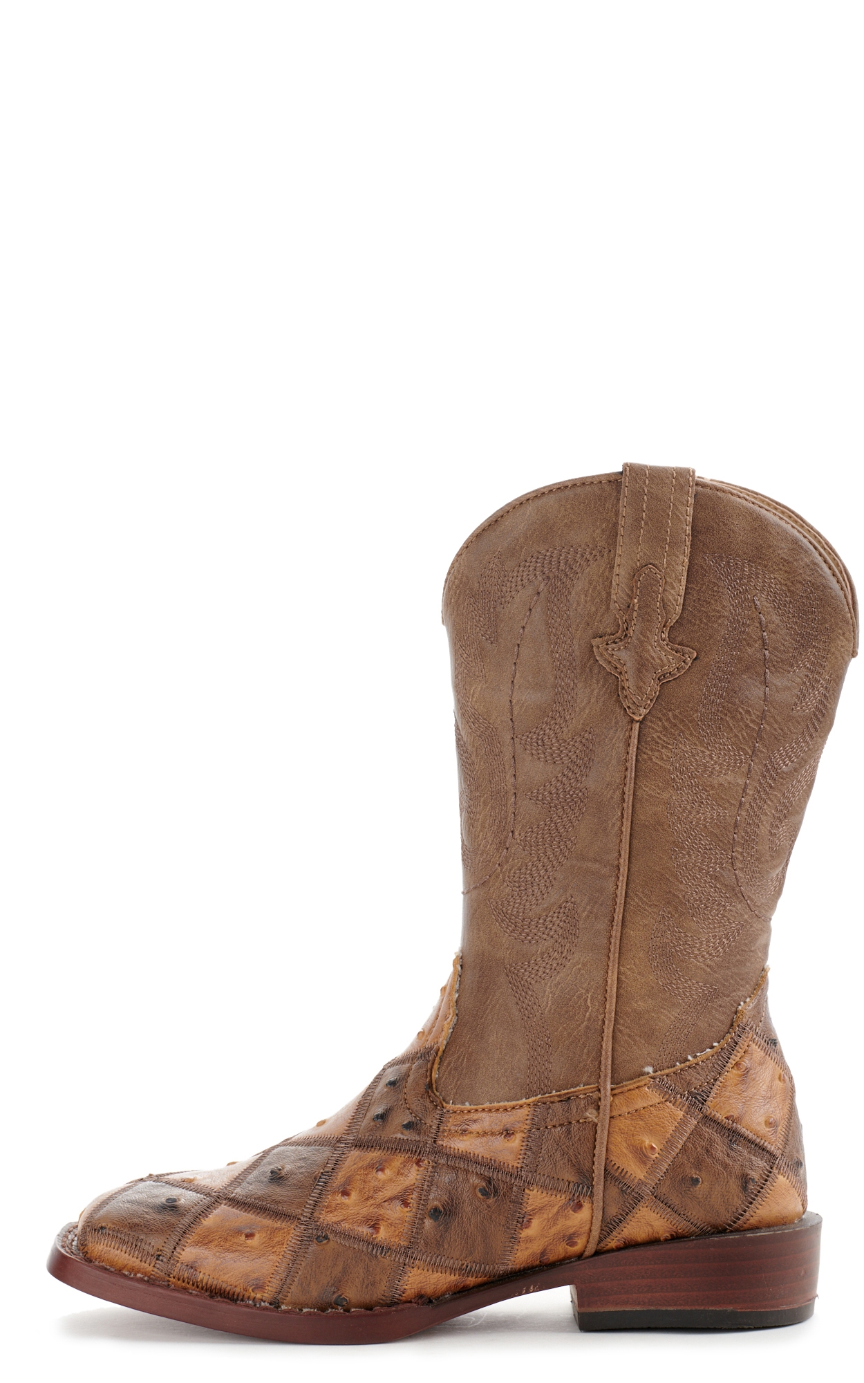 Roper Kids Brown And Tan Faux Ostrich Patchwork Square Toe Cowboy Boots - Image 1
