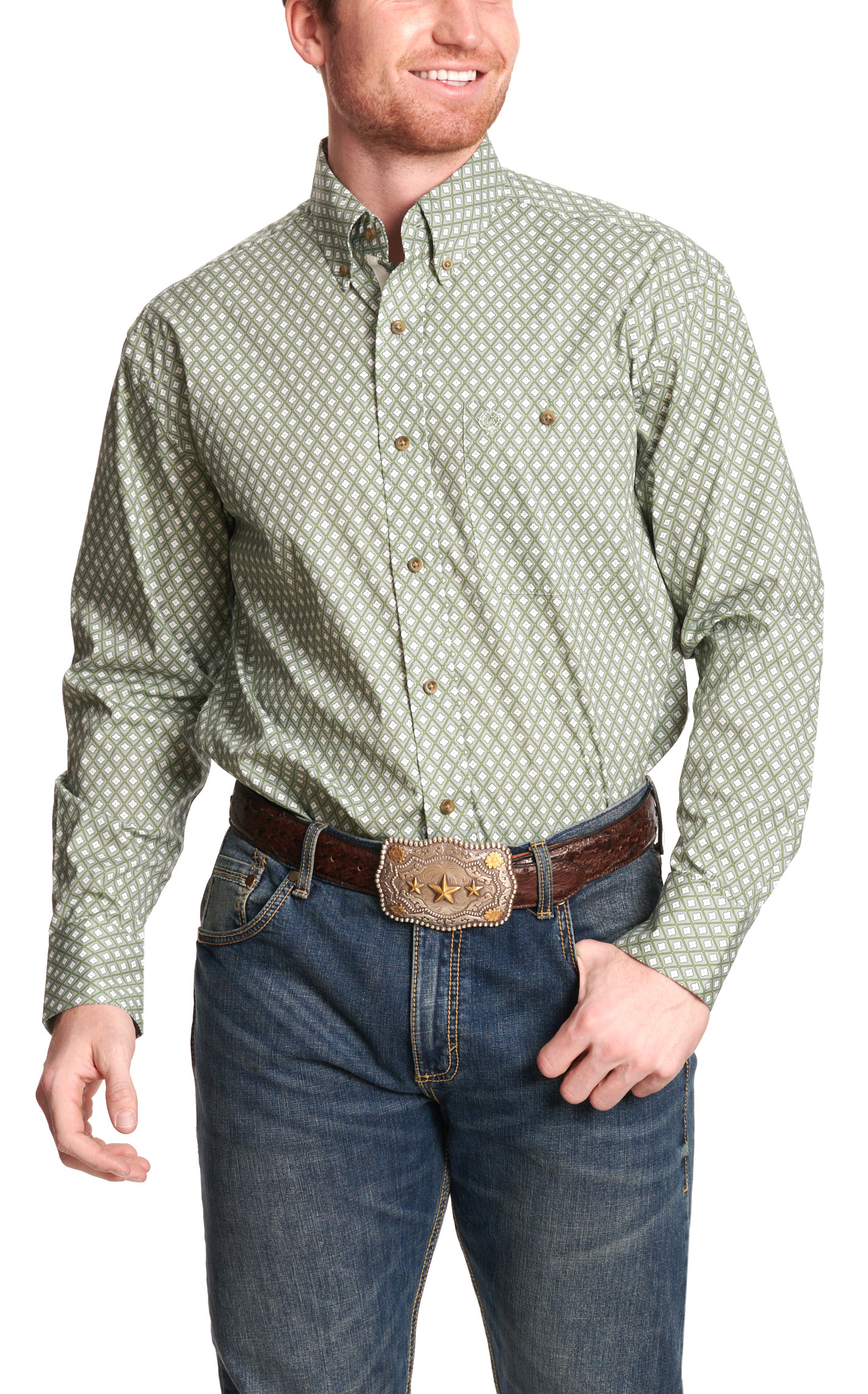 Wrangler Men's George Strait Collection Green Geo Print Western Shirt - Image 1