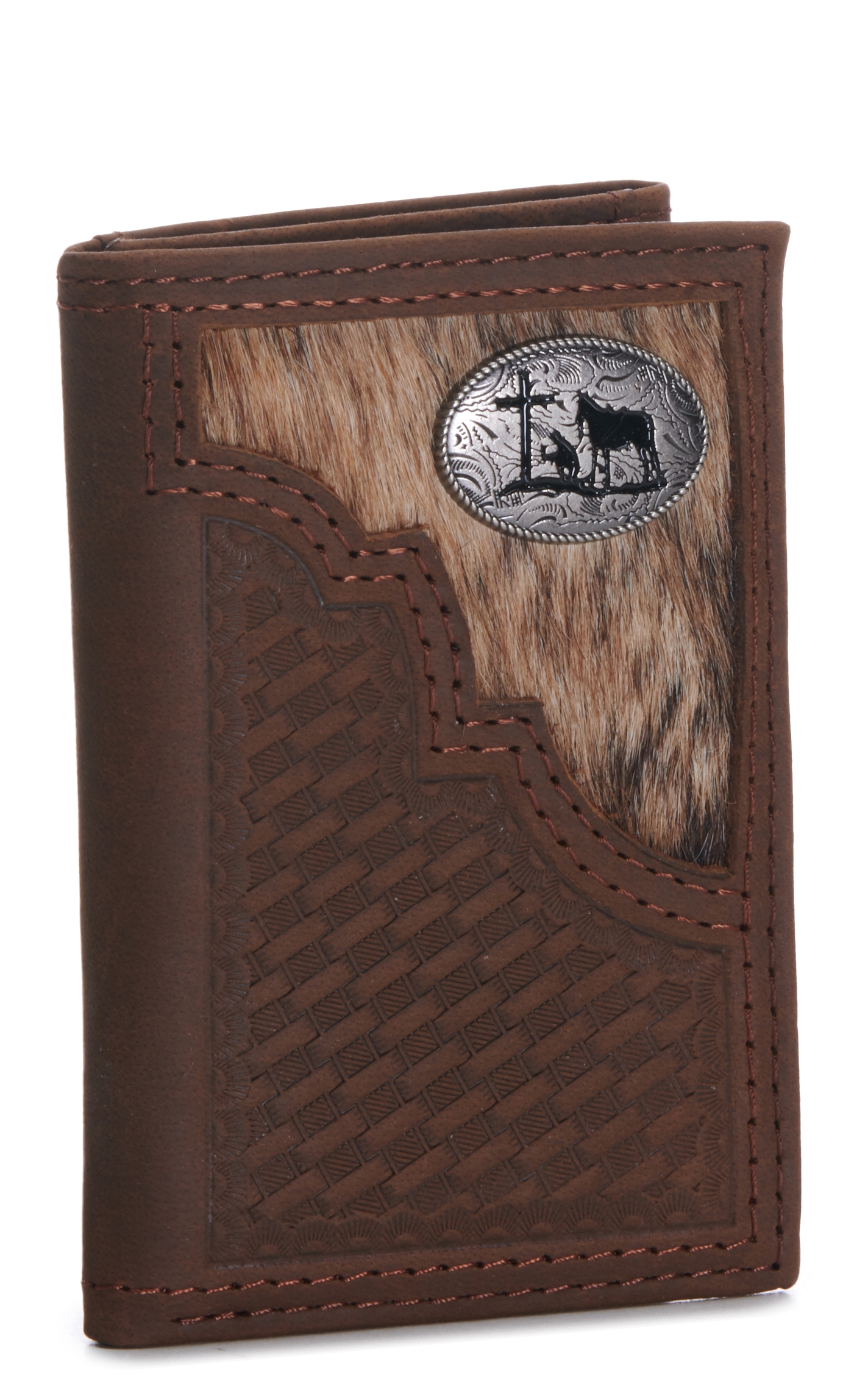 Justin Brown Basketweave and Hair on Hide with Praying Cowboy Concho Trifold Wallet - Image 1