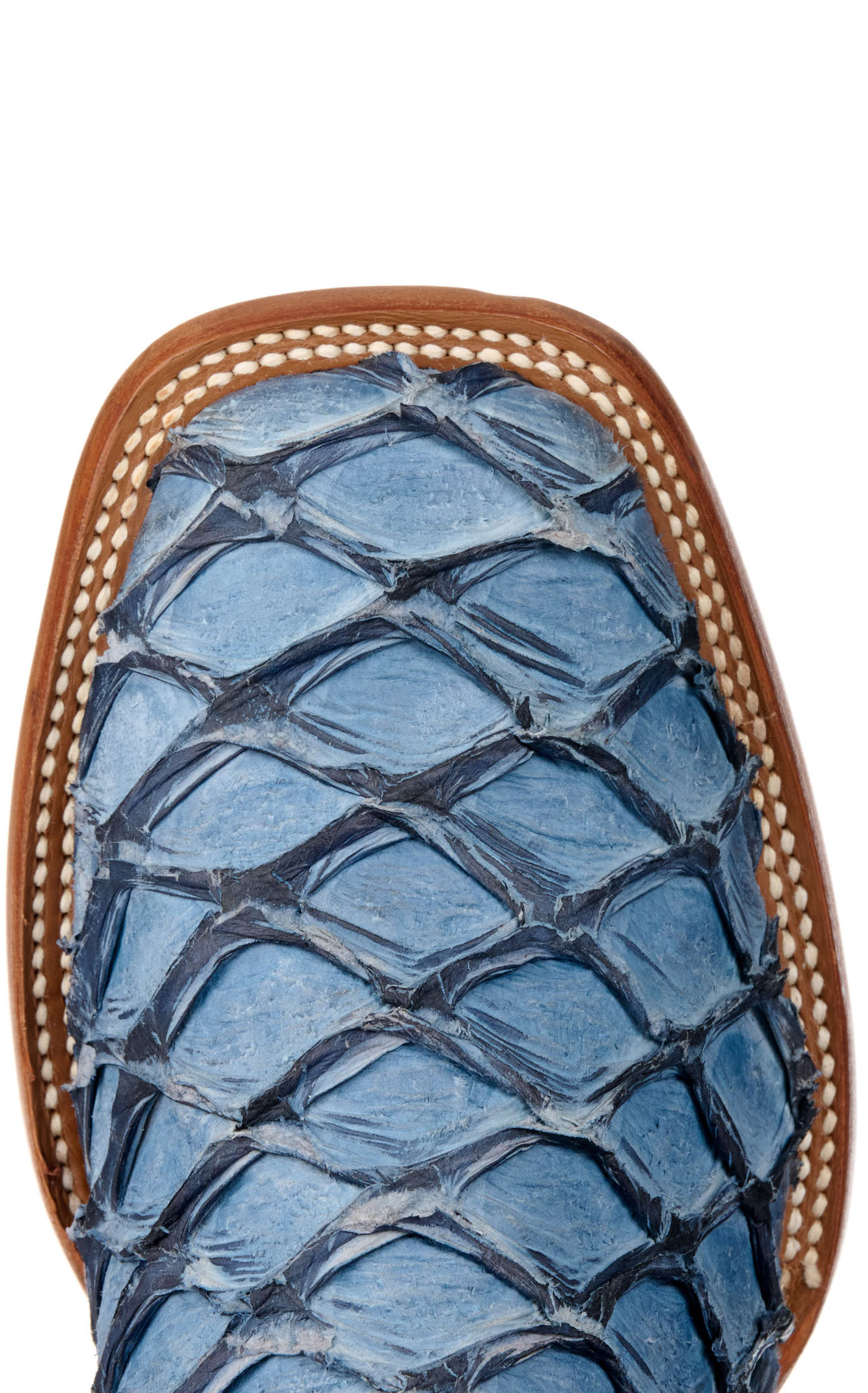 Cavender’s Men’s Blue Pirarucu and Brass Wide Square Toe Exotic Cowboy Boots - Image 1