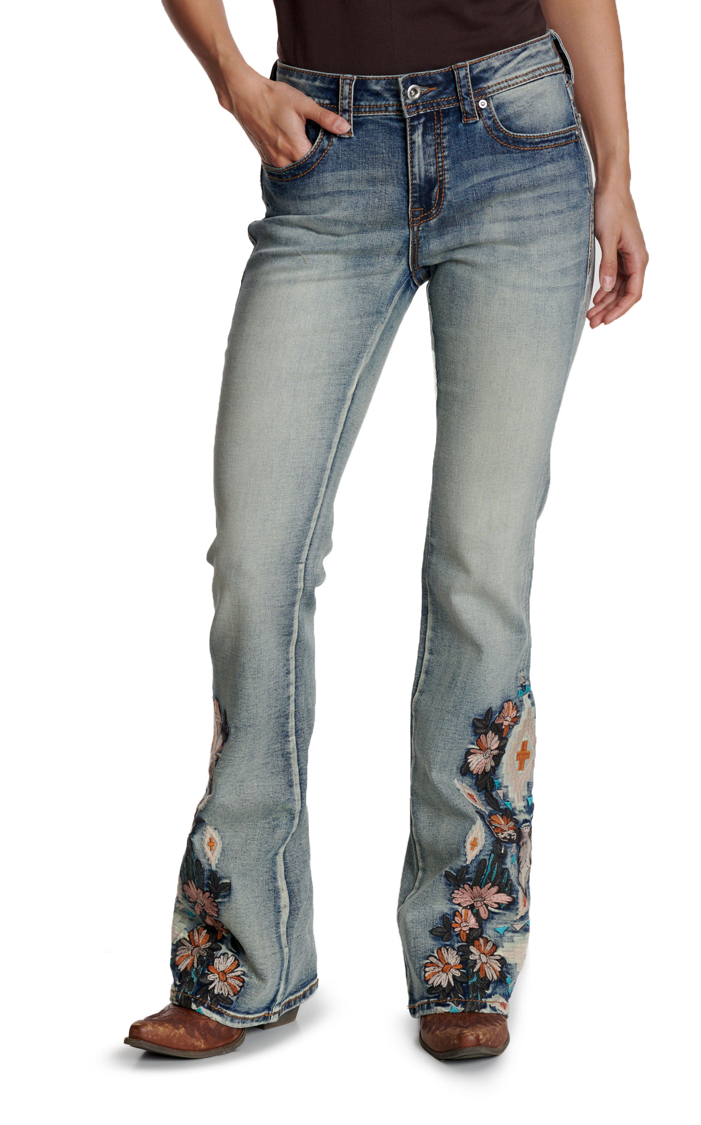 Grace In LA Women's Light Blue Floral Embroidered Jeans - Image 1