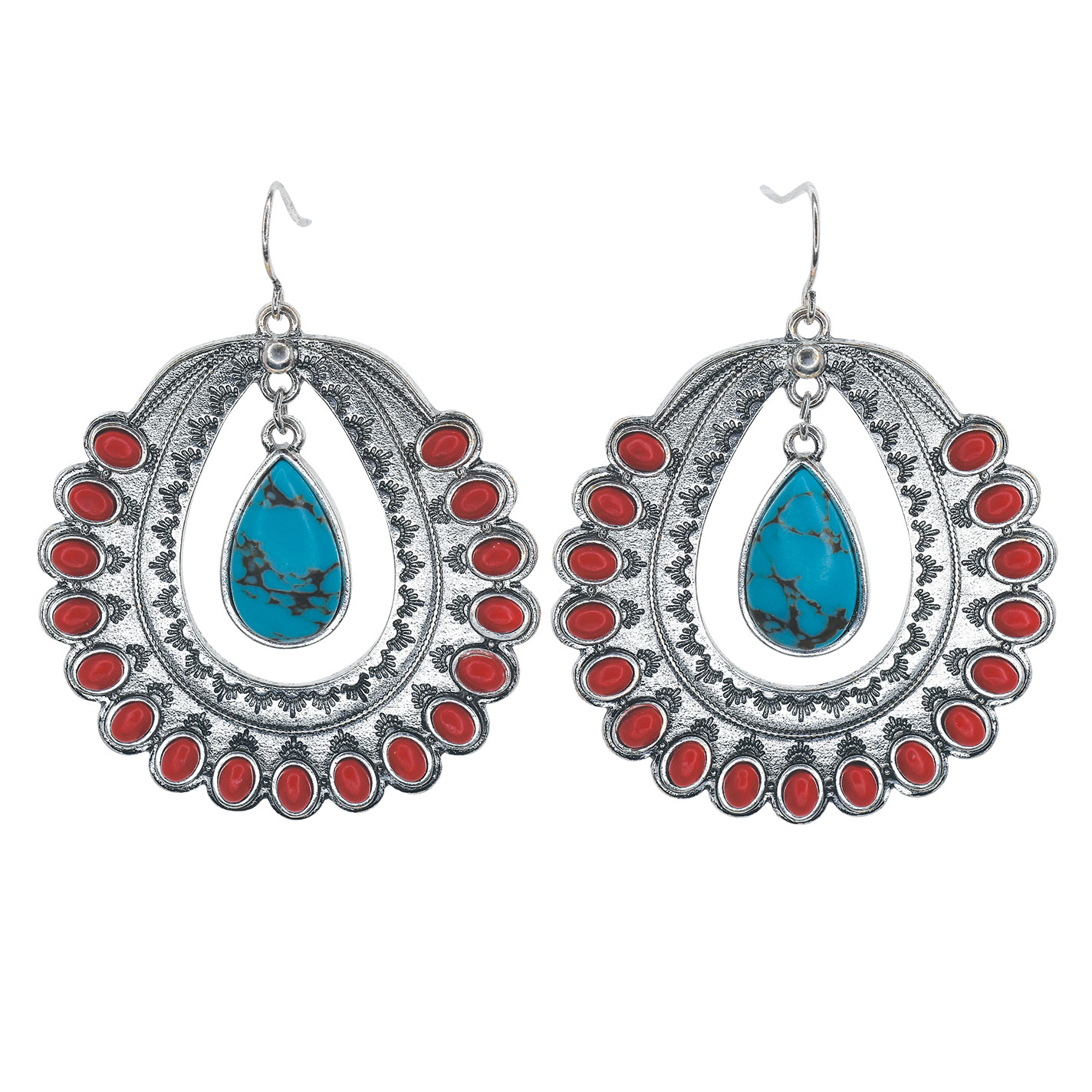 Justin Silver Red Stones & Turquoise Charm Earrings - Image 1