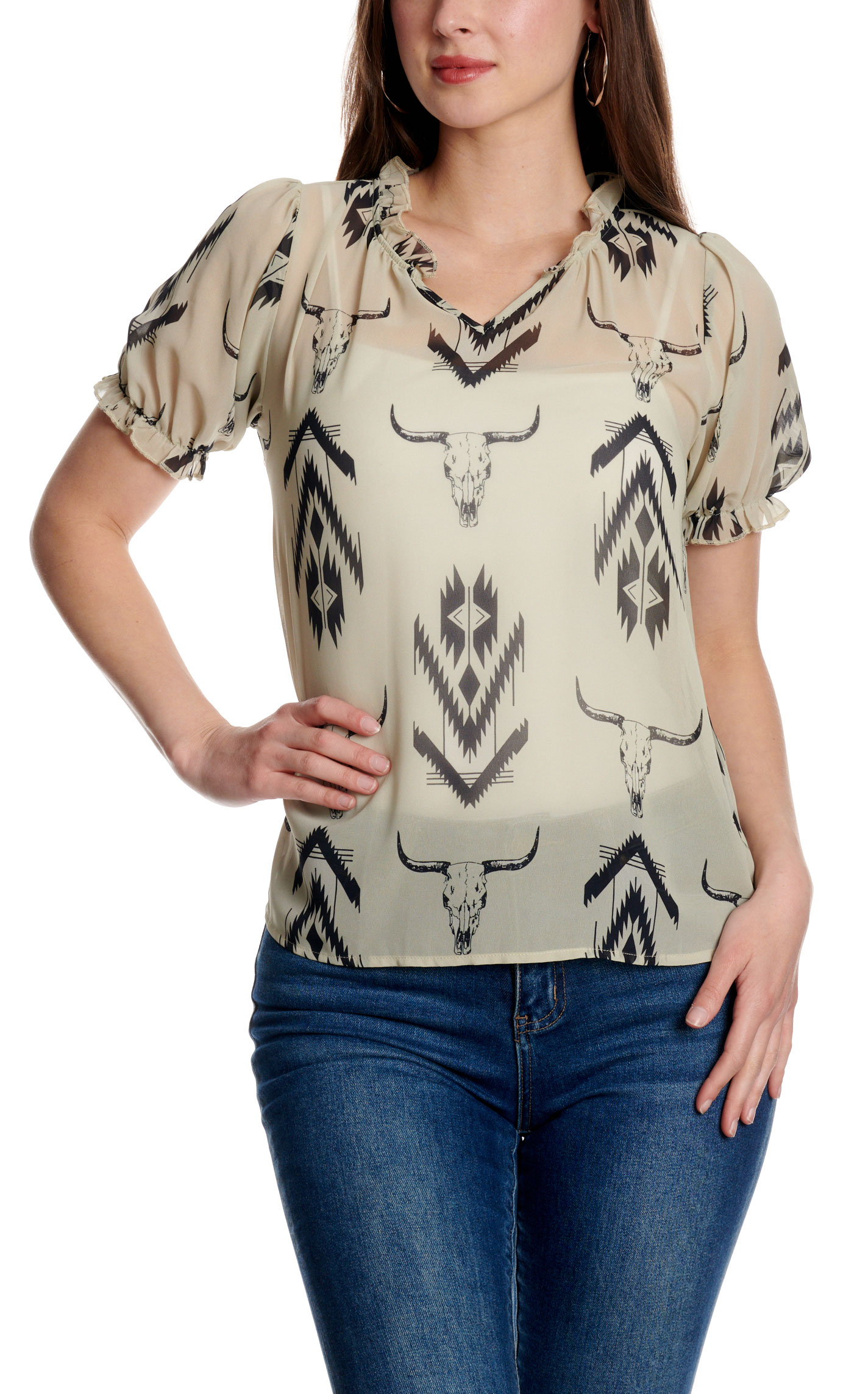 Cowgirl Hardware Women's Cream & Black Steer Print Sheer Top - Image 2