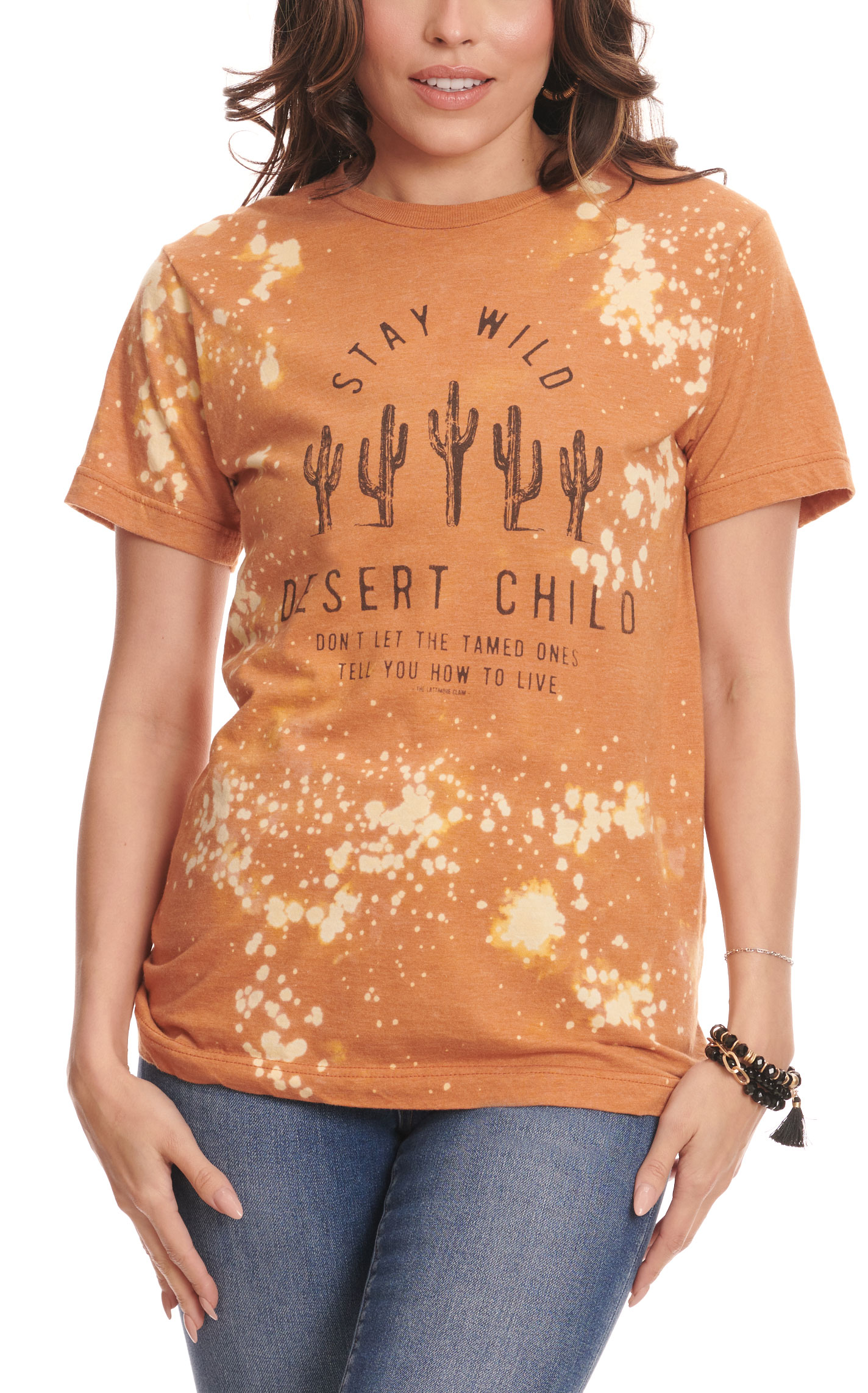 Lattimore Women's Bleach Spattered Rust Stay Will Desert Child Graphic Short Sleeve T-Shirt  - Image 1