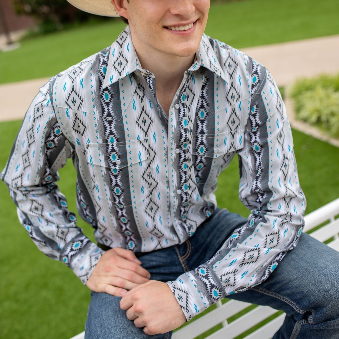 Checotah Men's Gray & Black Aztec Print Western Shirt - Image 1