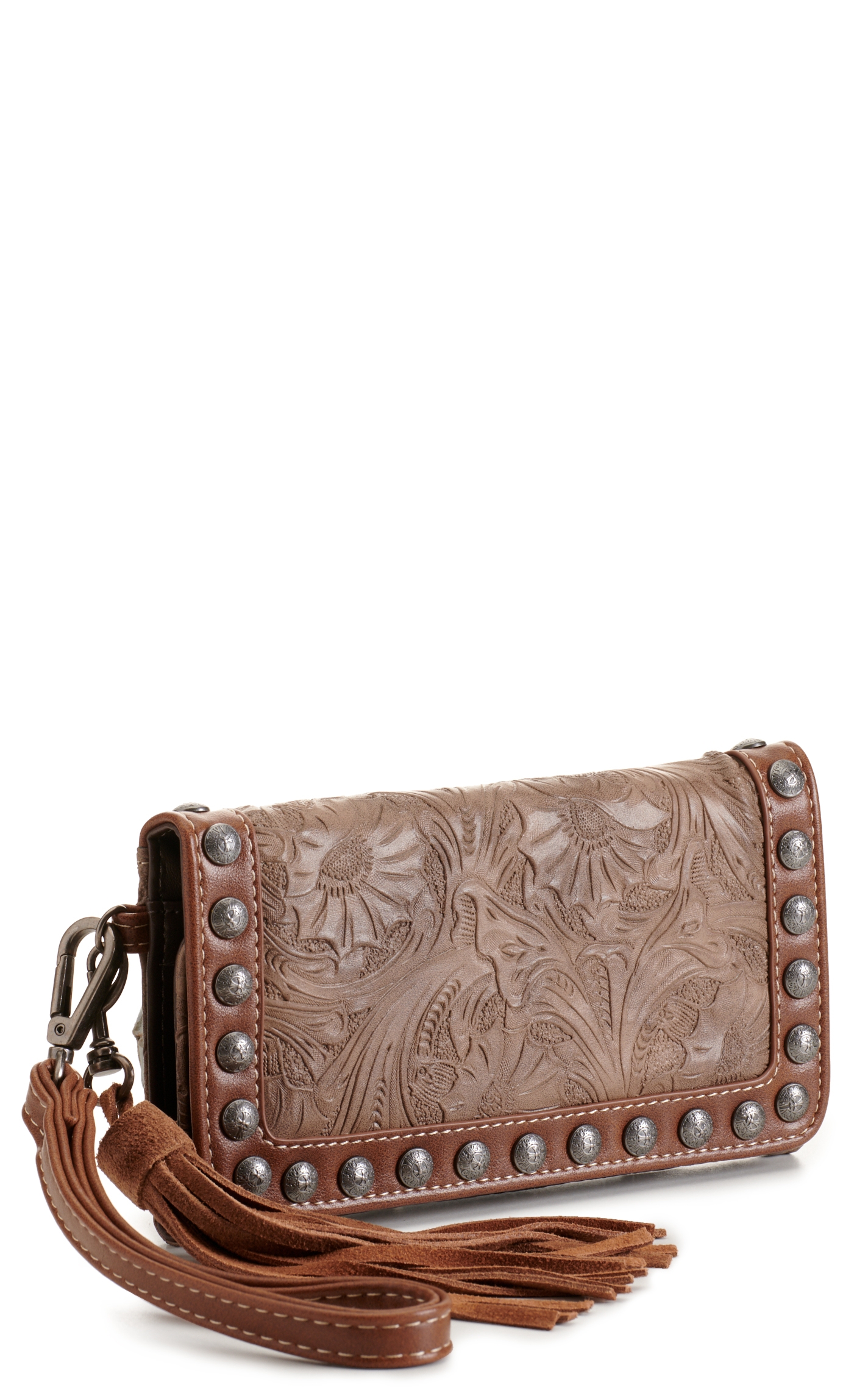 Blazin Roxx Ariana Brown Tooled with Tassel Studded Clutch Wallet - Image 1