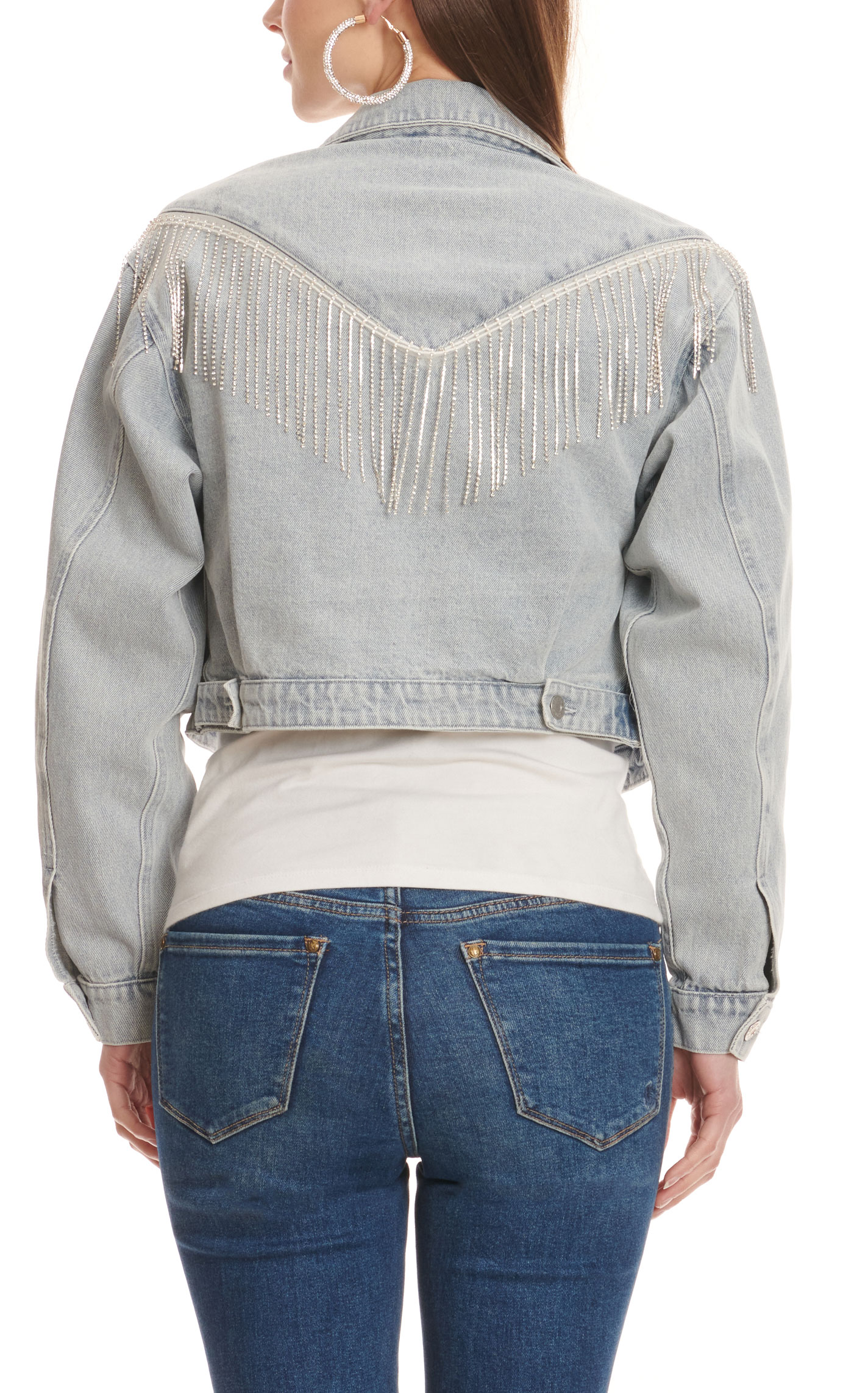 Blue B Women's Light Wash Chevron Sparkle Fringe Crop Denim Jacket - Image 1